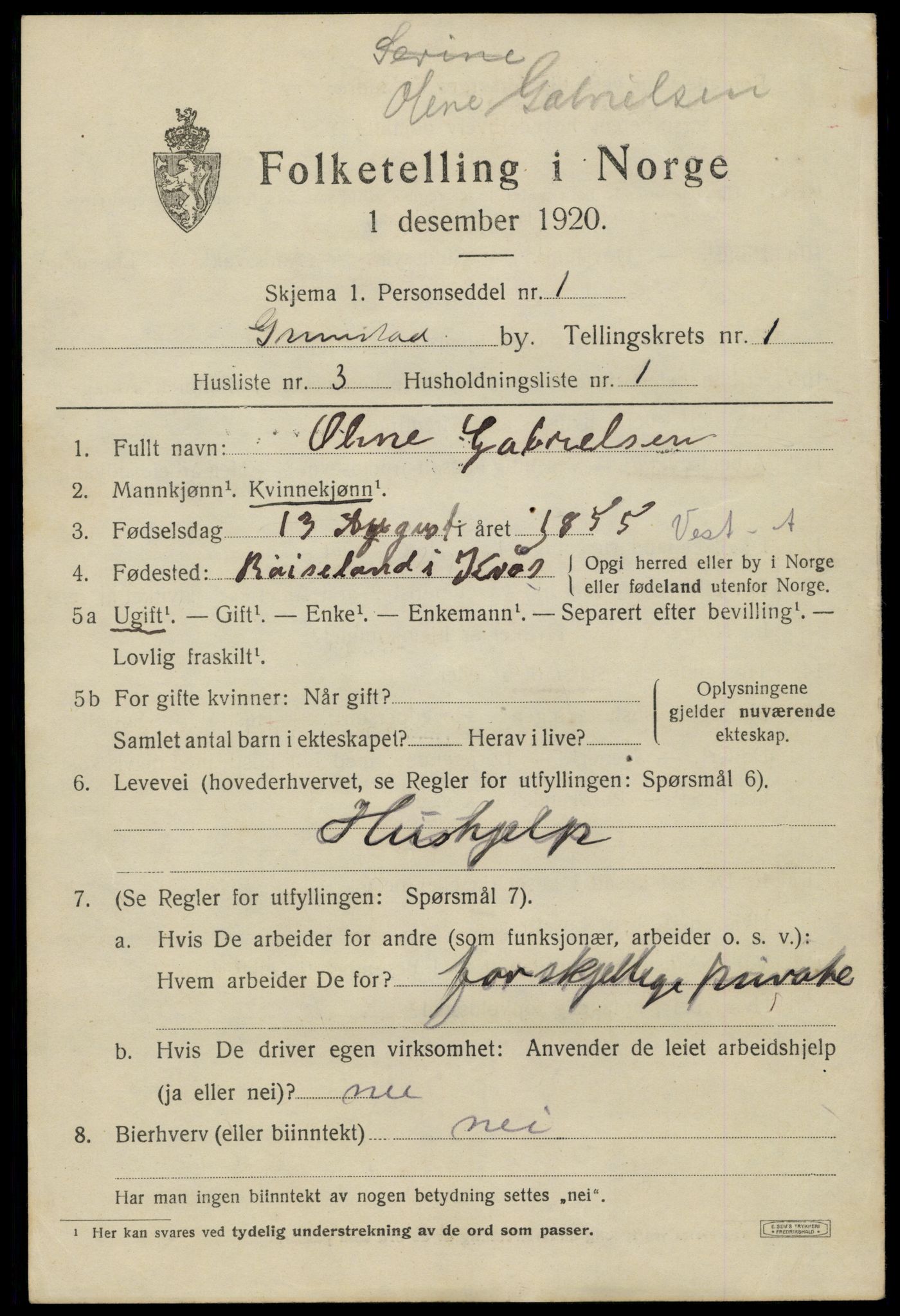 SAK, 1920 census for Grimstad, 1920, p. 2331