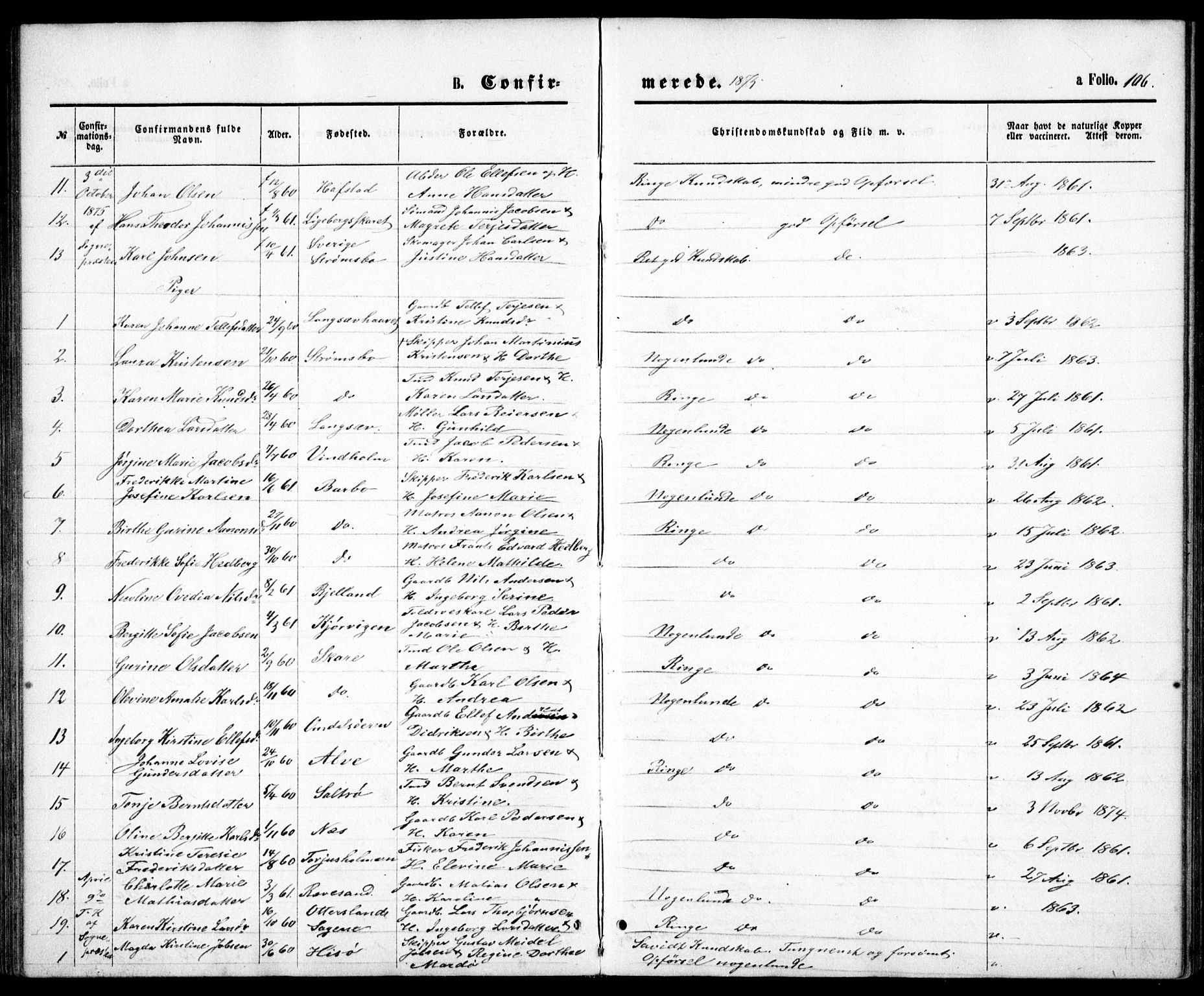 Tromøy sokneprestkontor, SAK/1111-0041/F/Fb/L0004: Parish register (copy) no. B 4, 1869-1877, p. 106
