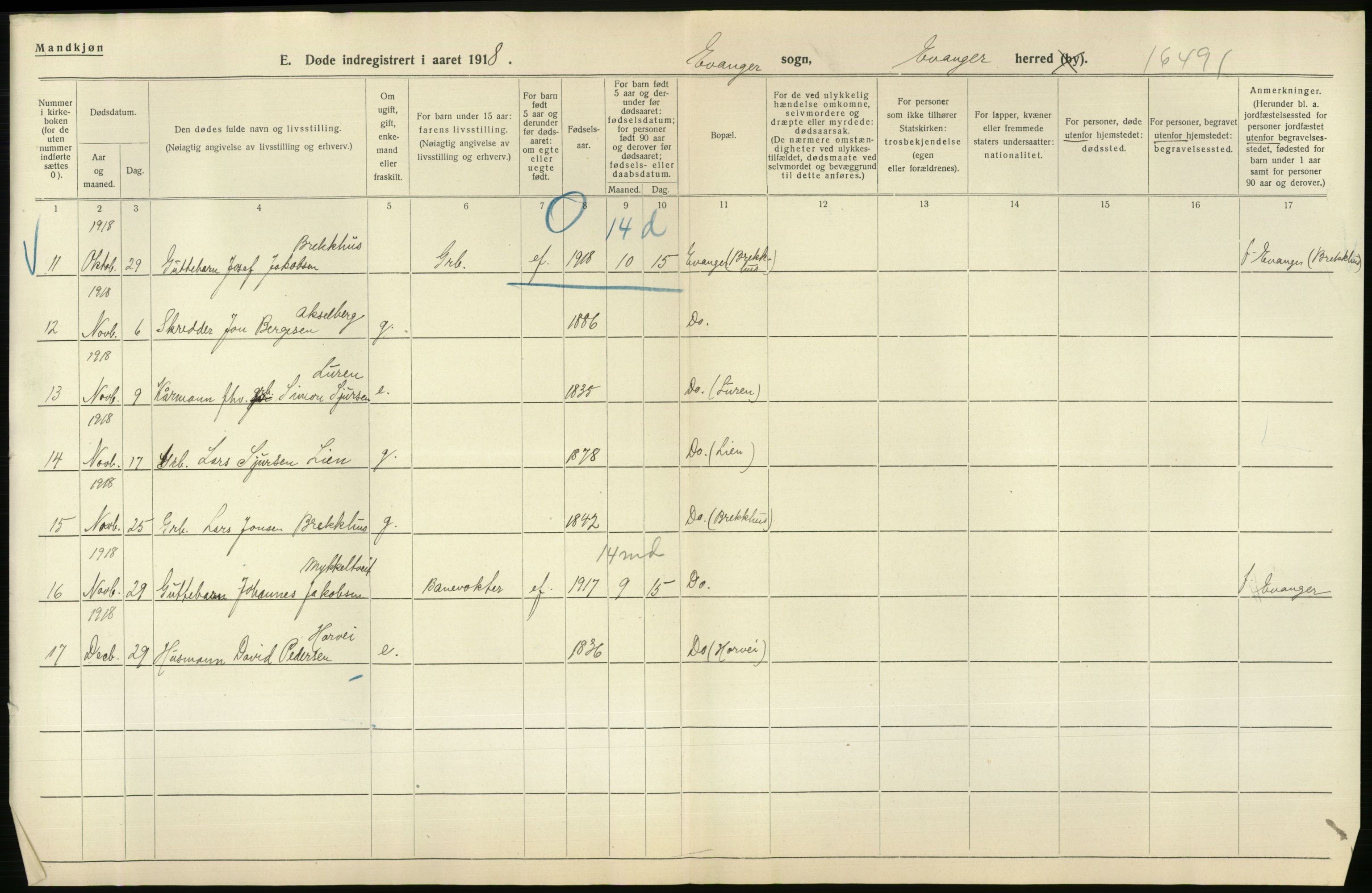 Statistisk sentralbyrå, Sosiodemografiske emner, Befolkning, AV/RA-S-2228/D/Df/Dfb/Dfbh/L0036: Hordaland fylke: Døde., 1918, p. 336