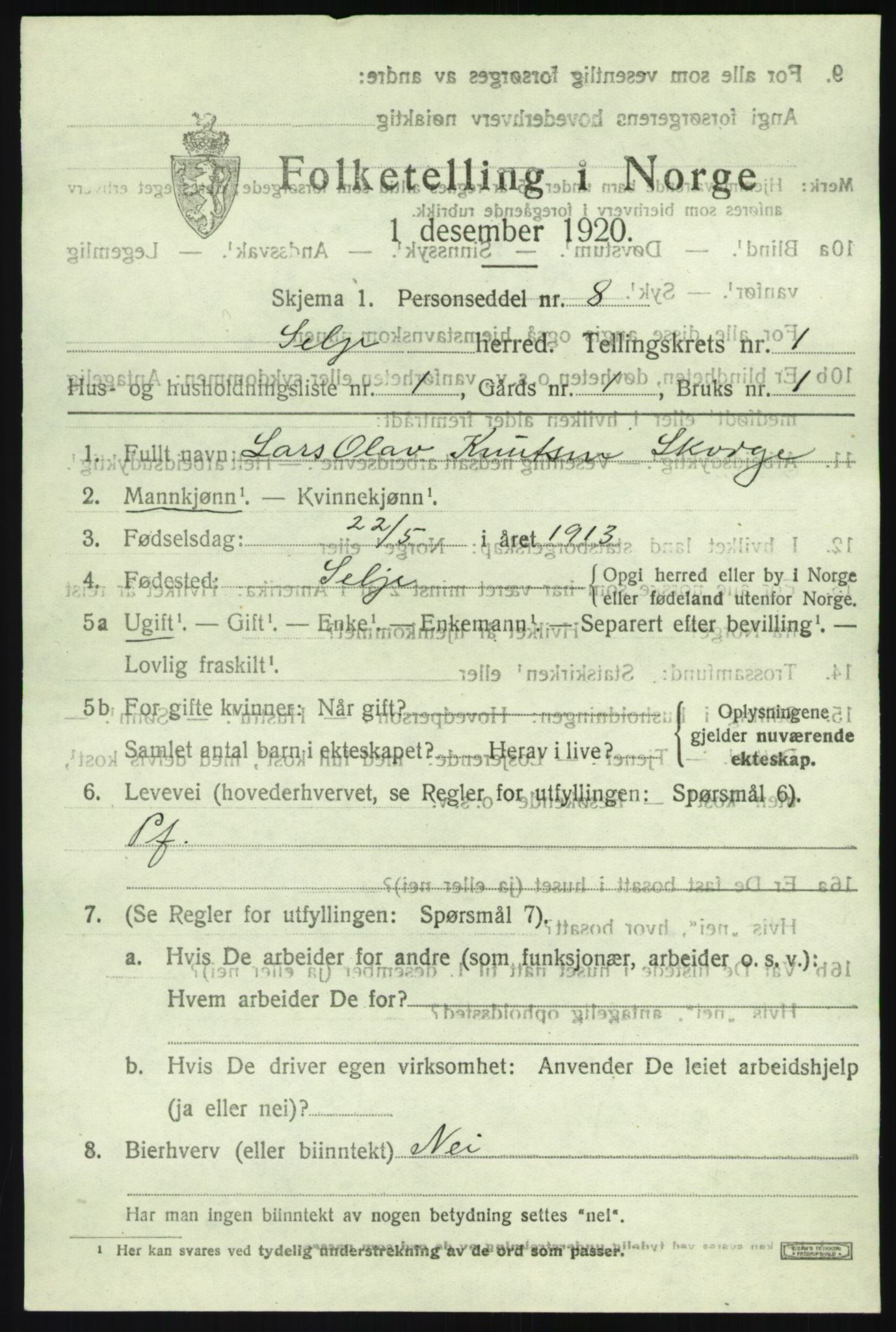 SAB, 1920 census for Selje, 1920, p. 1209