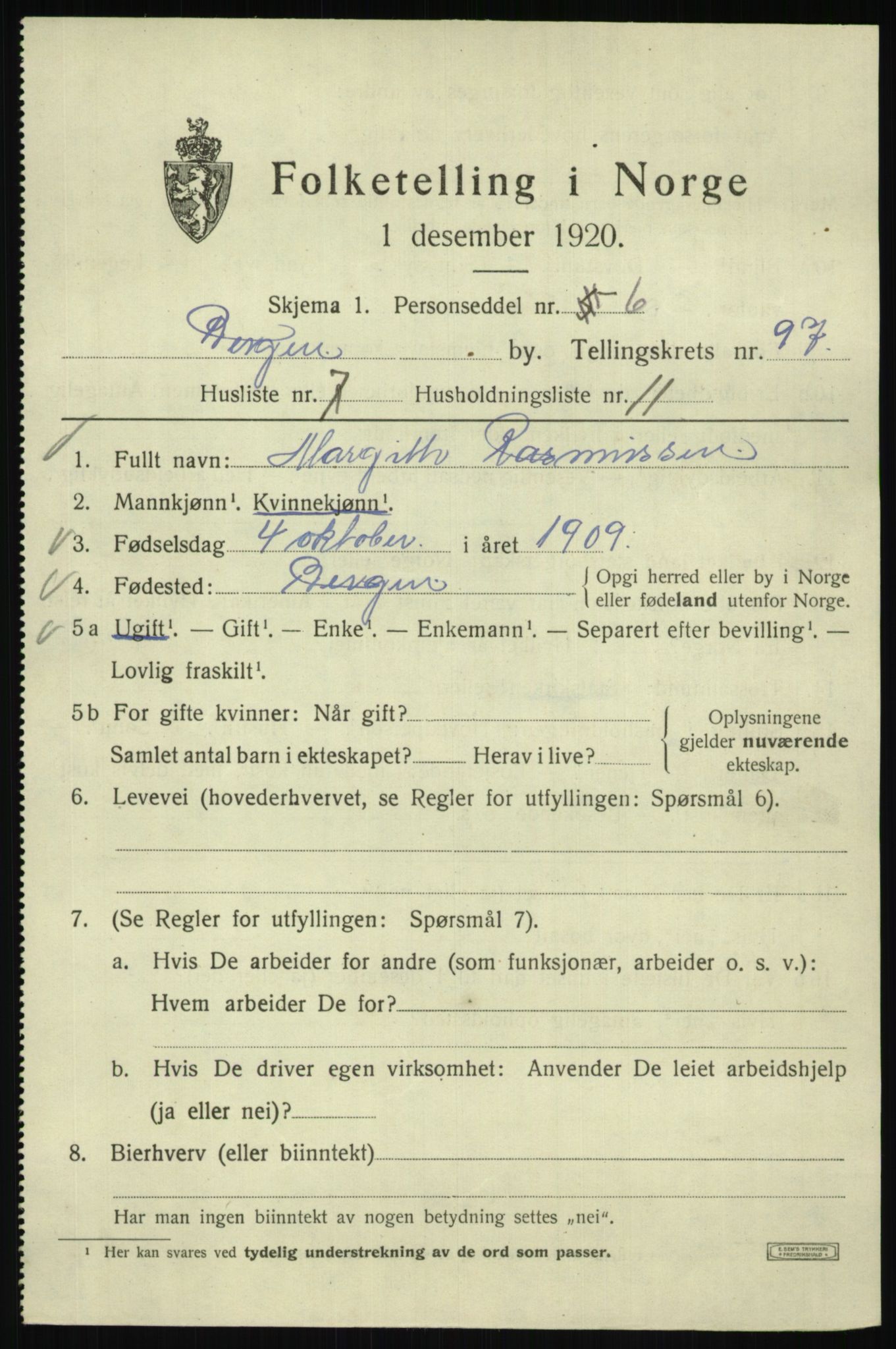 SAB, 1920 census for Bergen, 1920, p. 170995