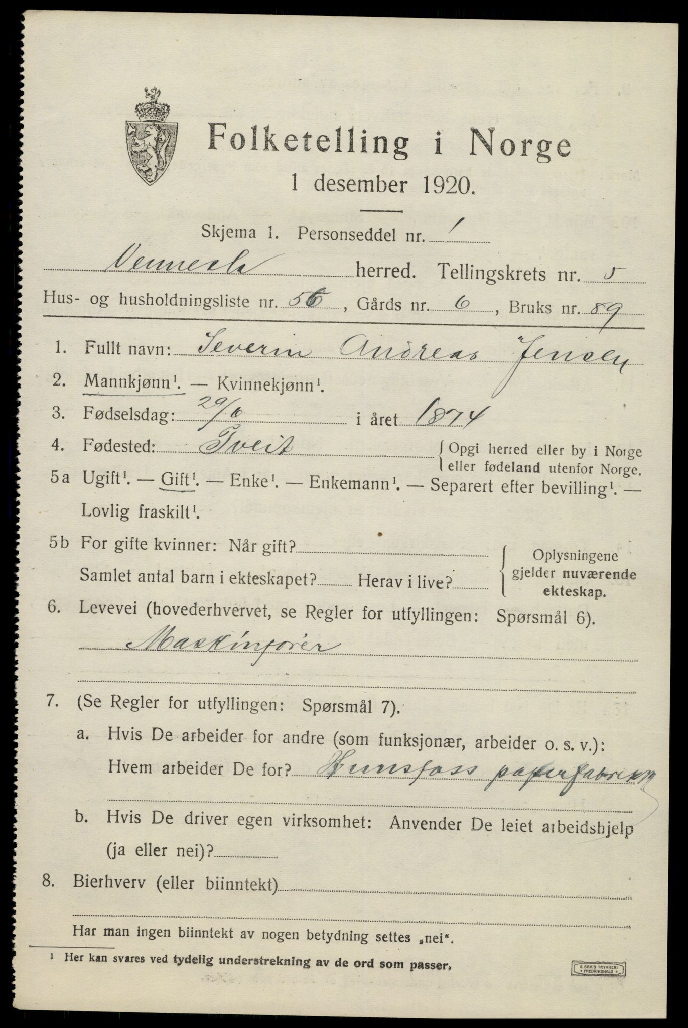 SAK, 1920 census for Vennesla, 1920, p. 4134