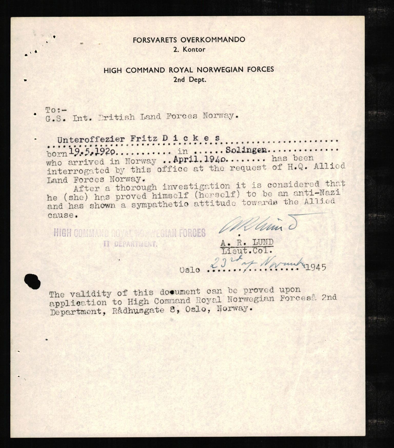 Forsvaret, Forsvarets overkommando II, AV/RA-RAFA-3915/D/Db/L0006: CI Questionaires. Tyske okkupasjonsstyrker i Norge. Tyskere., 1945-1946, p. 10