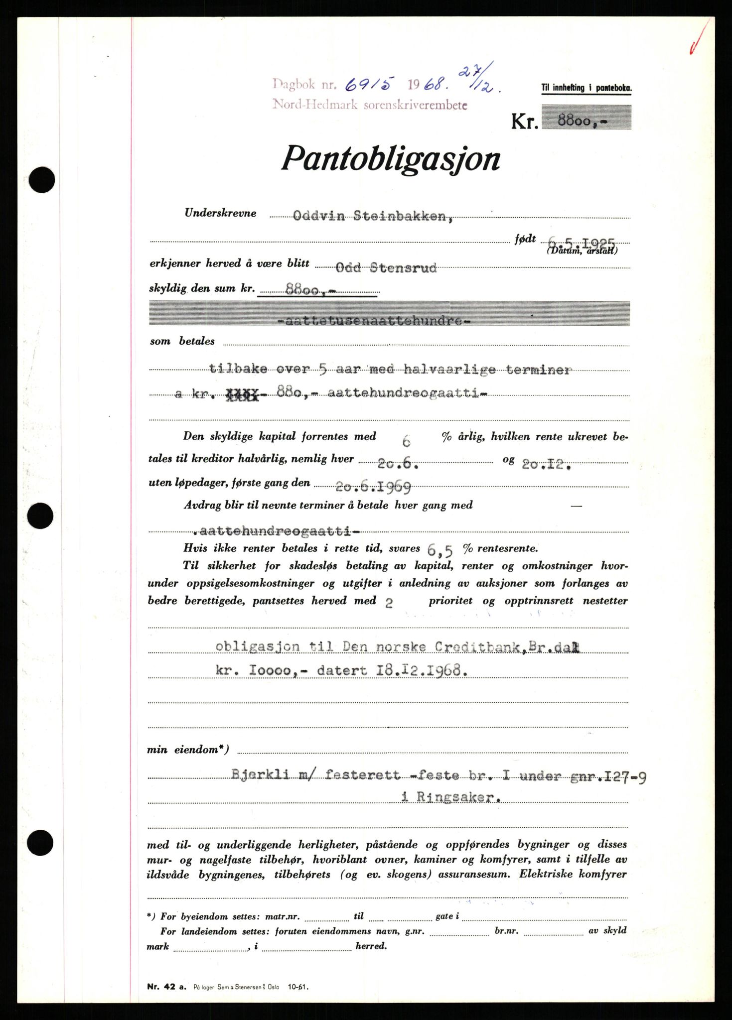 Nord-Hedmark sorenskriveri, SAH/TING-012/H/Hb/Hbf/L0077: Mortgage book no. B77, 1968-1969, Diary no: : 6915/1968