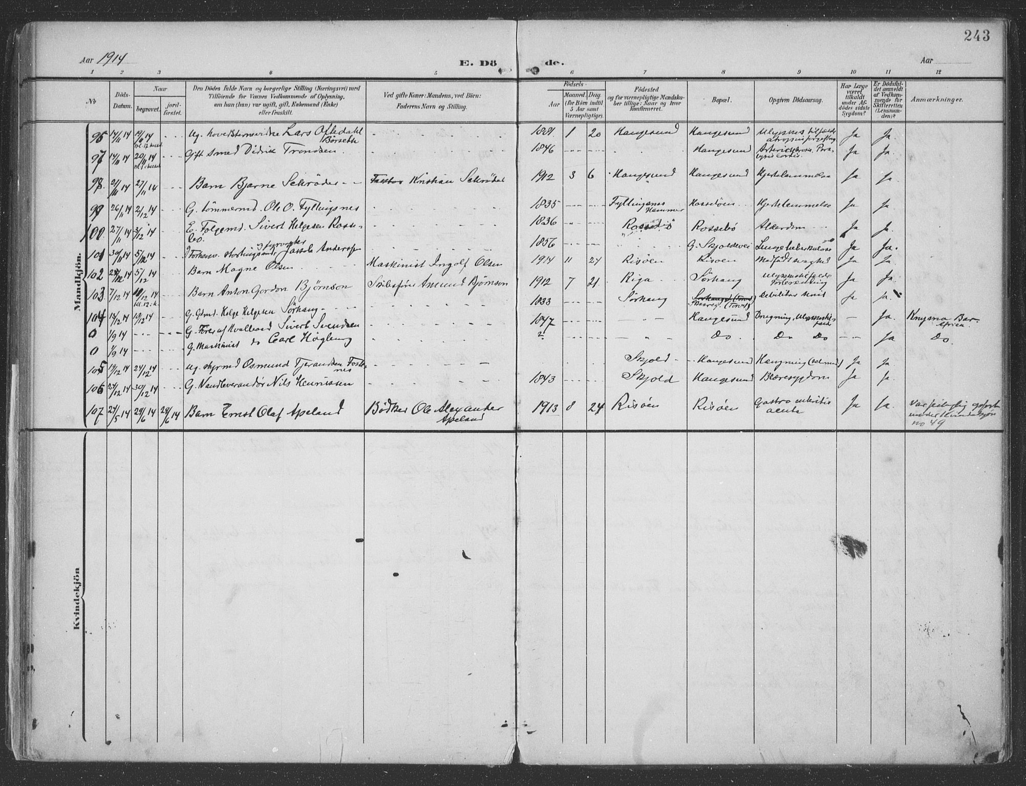 Haugesund sokneprestkontor, AV/SAST-A -101863/H/Ha/Haa/L0007: Parish register (official) no. A 7, 1904-1916, p. 243