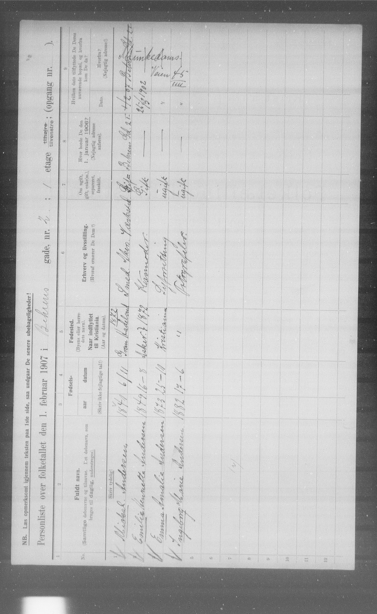 OBA, Municipal Census 1907 for Kristiania, 1907, p. 1791