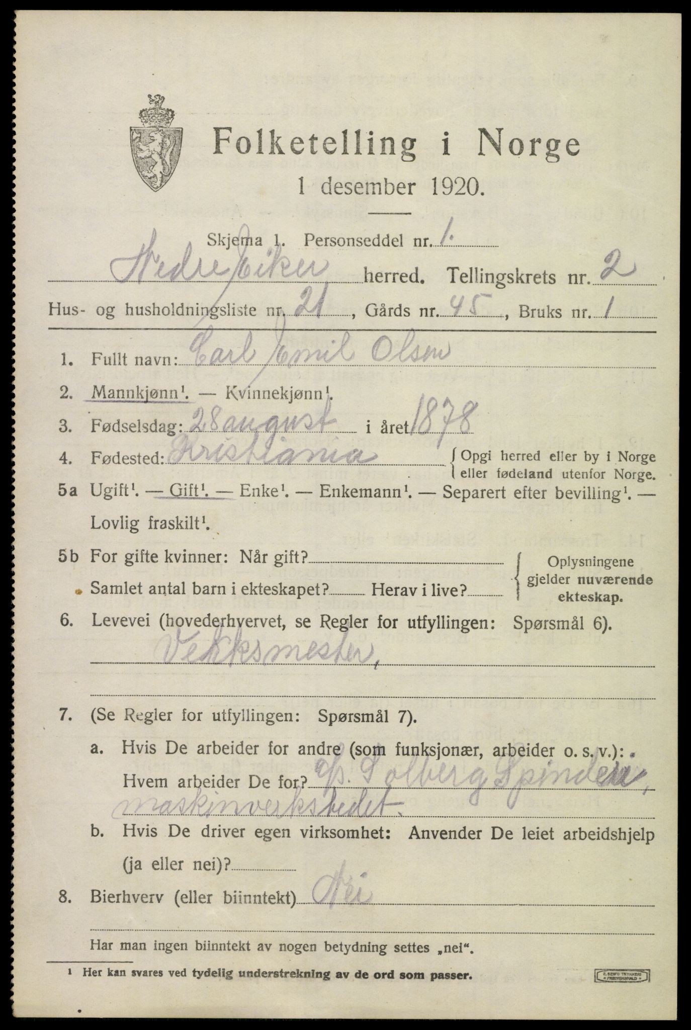 SAKO, 1920 census for Nedre Eiker, 1920, p. 3851