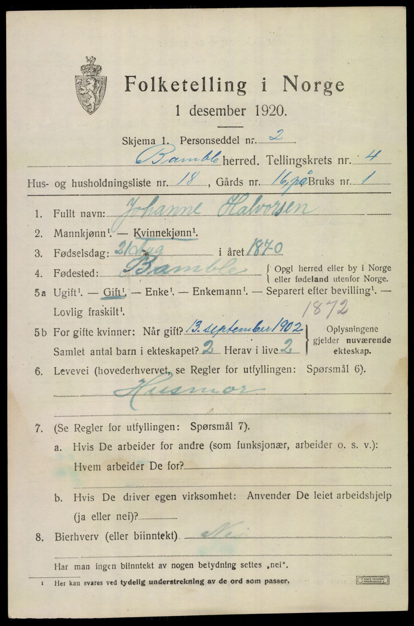 SAKO, 1920 census for Bamble, 1920, p. 4603