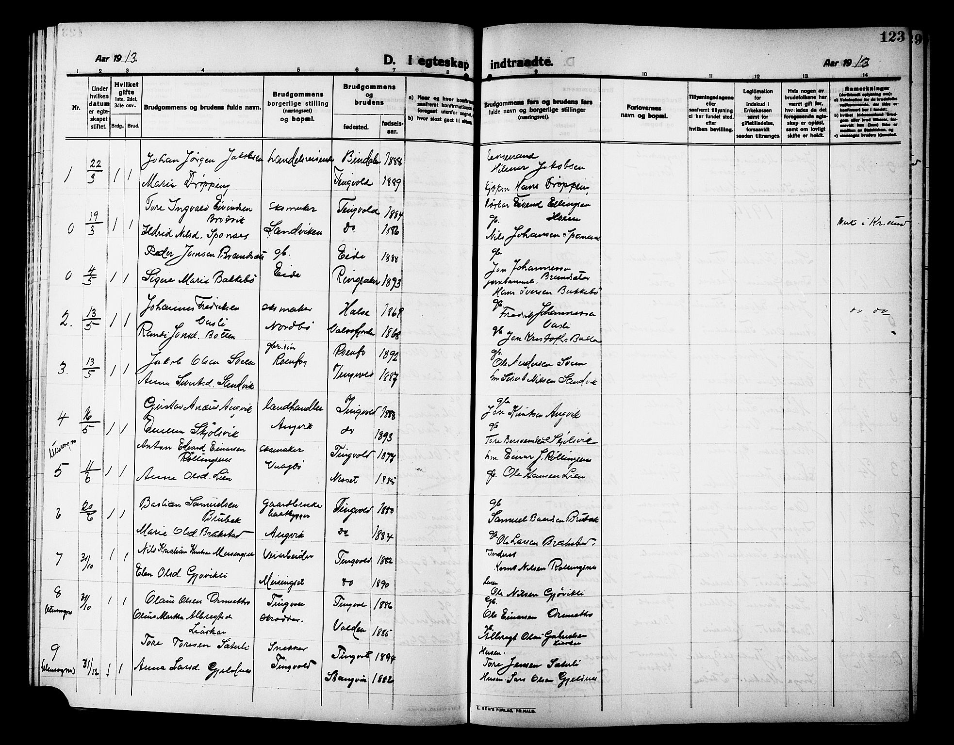 Ministerialprotokoller, klokkerbøker og fødselsregistre - Møre og Romsdal, AV/SAT-A-1454/586/L0993: Parish register (copy) no. 586C04, 1910-1918, p. 123