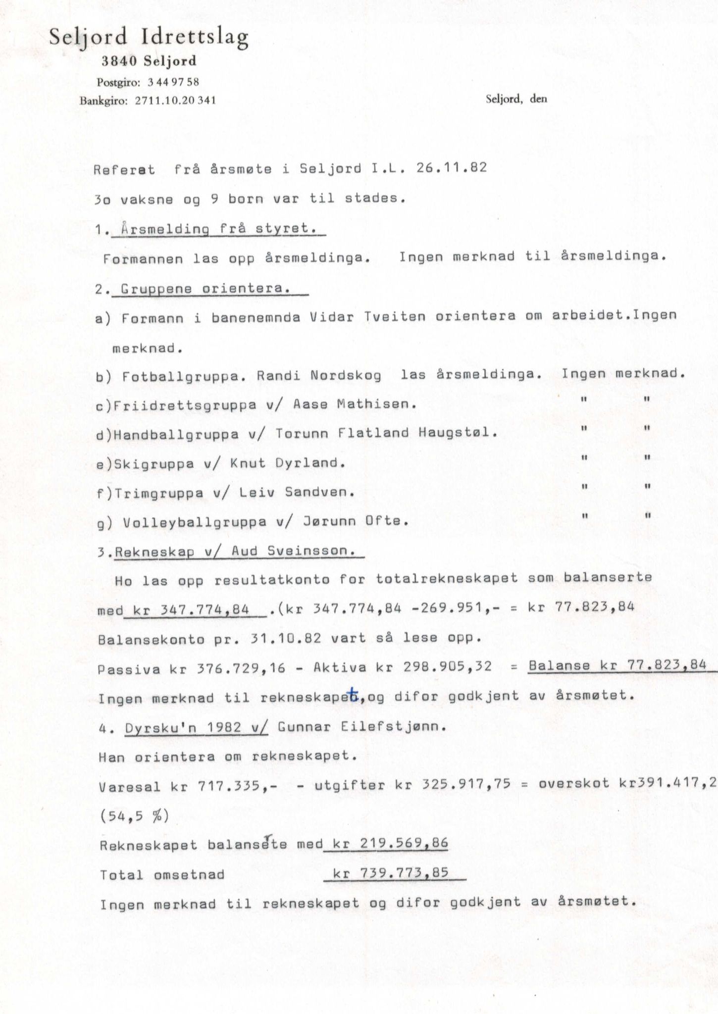 Seljord Idrettslag, VTM/A-1034/A/Ab/L0001: Årsmeldingar, 1982