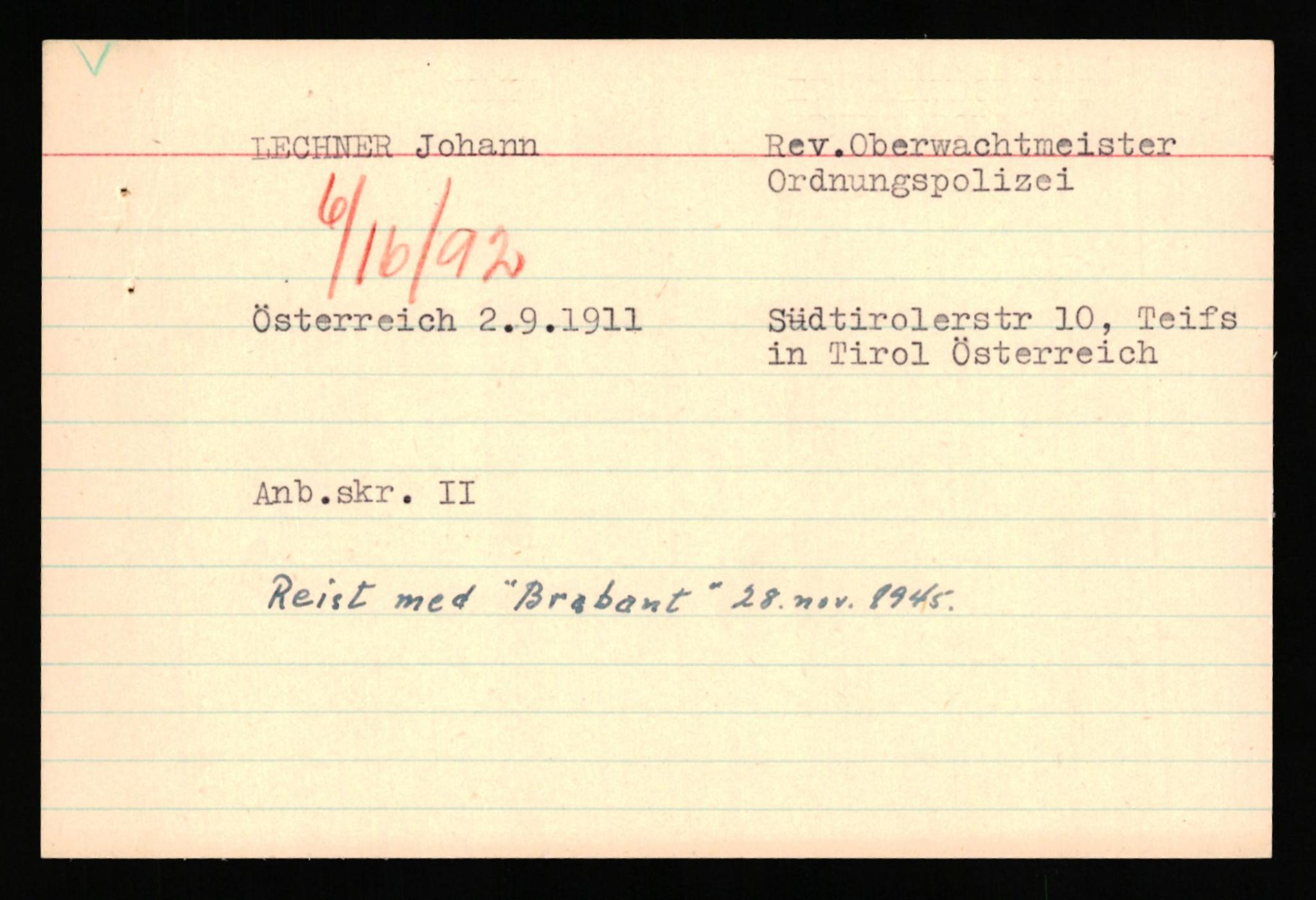 Forsvaret, Forsvarets overkommando II, AV/RA-RAFA-3915/D/Db/L0039: CI Questionaires. Tyske okkupasjonsstyrker i Norge. Østerrikere., 1945-1946, p. 284