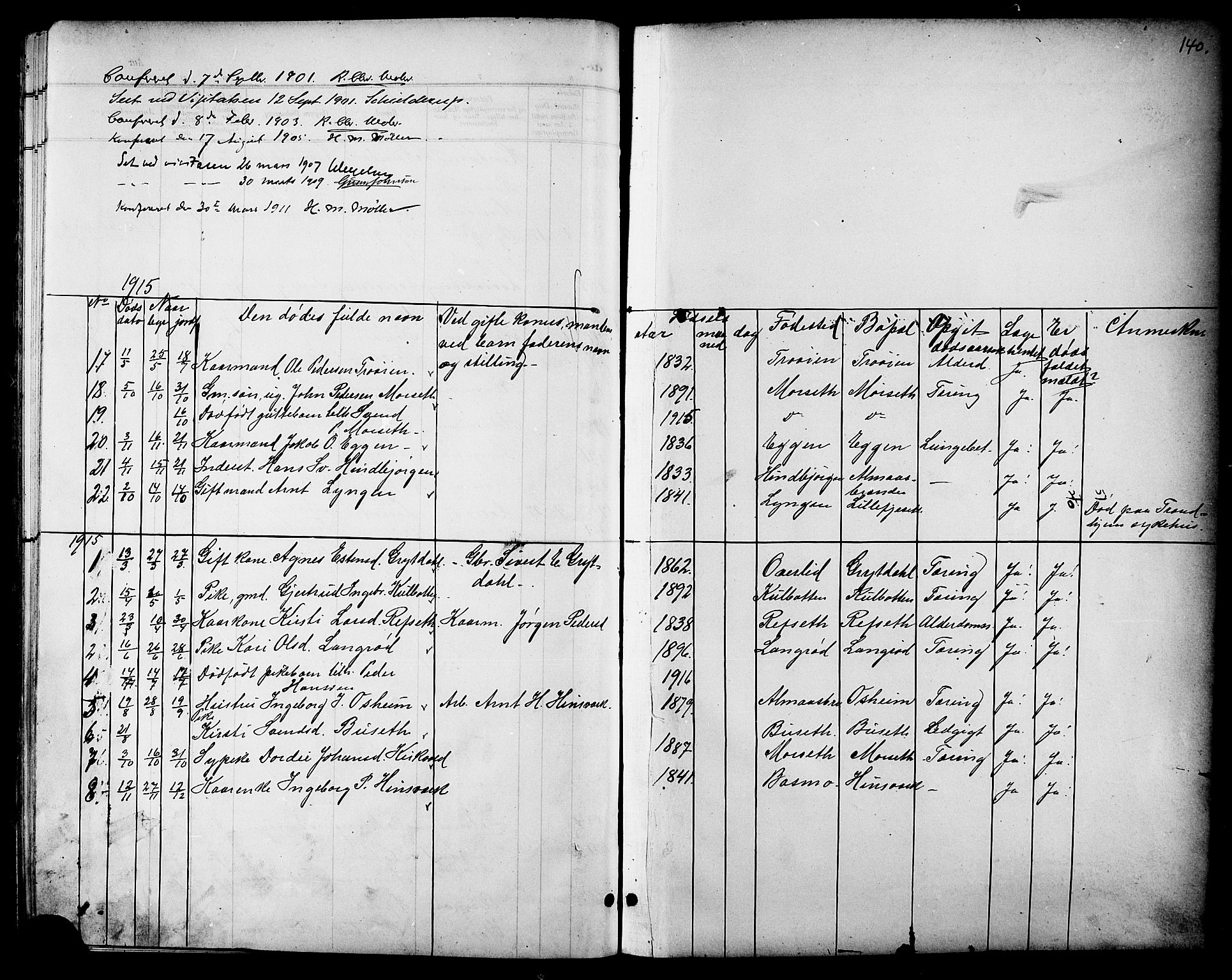 Ministerialprotokoller, klokkerbøker og fødselsregistre - Sør-Trøndelag, SAT/A-1456/688/L1029: Parish register (copy) no. 688C04, 1899-1915, p. 140