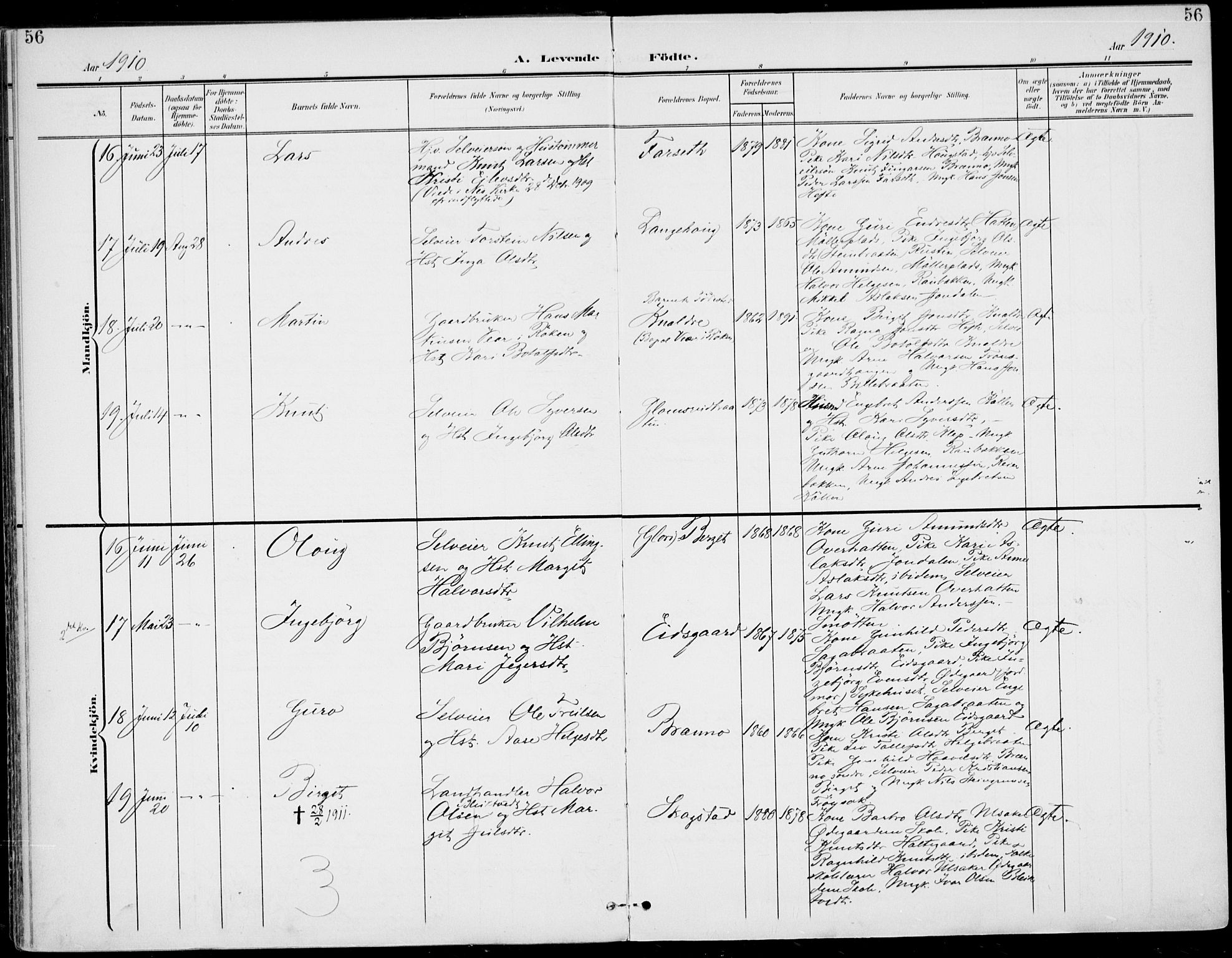 Gol kirkebøker, AV/SAKO-A-226/F/Fa/L0006: Parish register (official) no. I 6, 1901-1918, p. 56