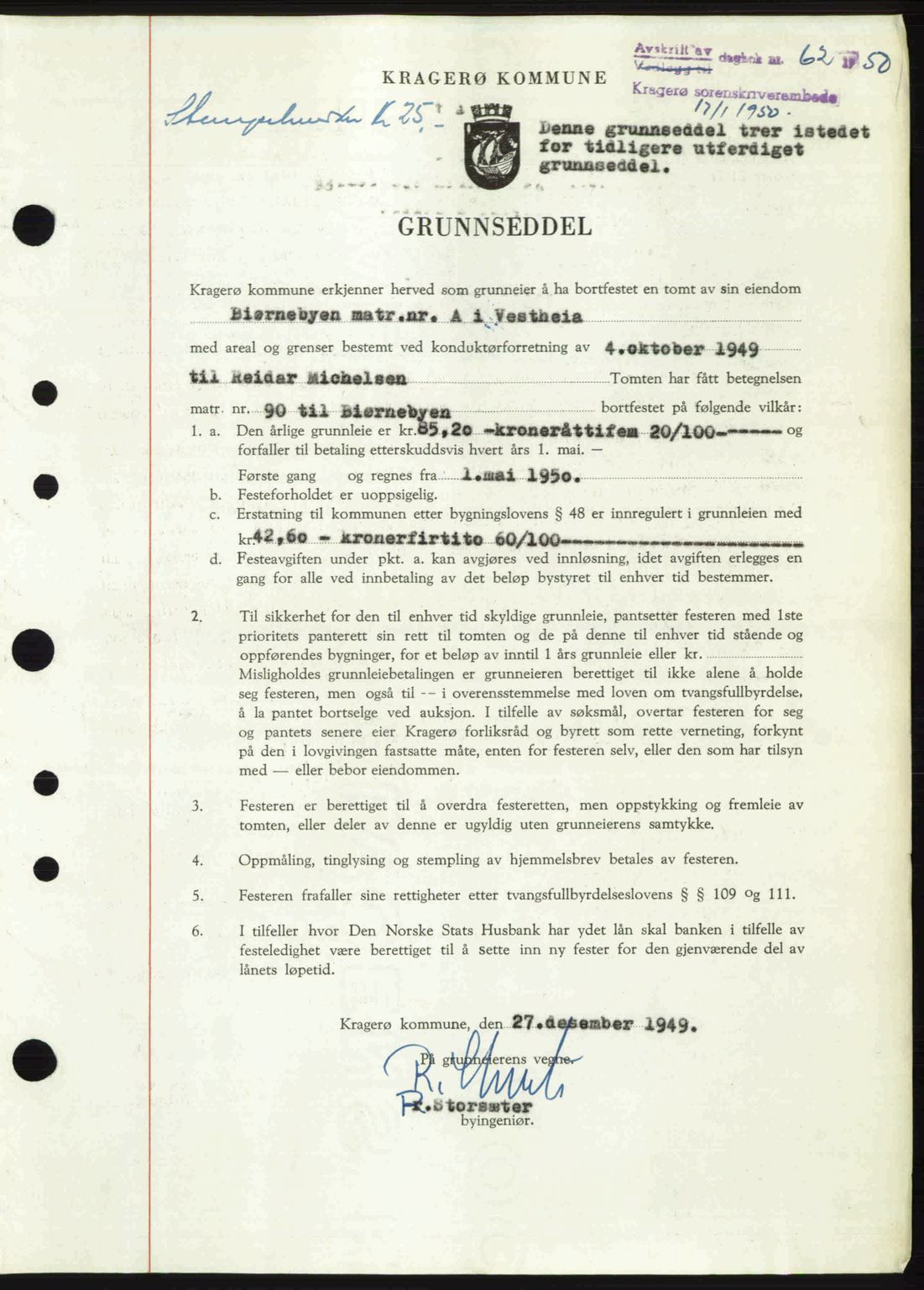 Kragerø sorenskriveri, AV/SAKO-A-65/G/Ga/Gac/L0003: Mortgage book no. A-3, 1949-1950, Diary no: : 62/1950
