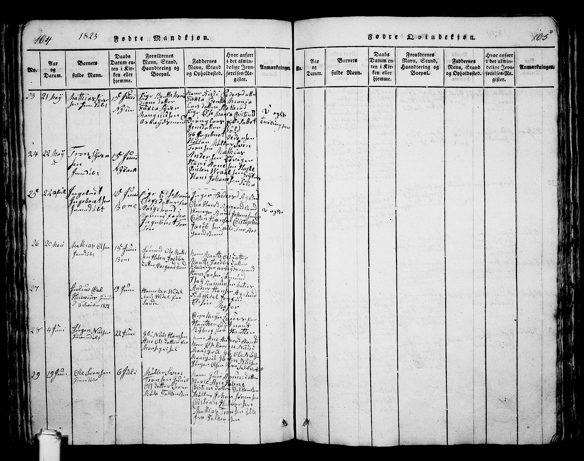 Borre kirkebøker, AV/SAKO-A-338/G/Ga/L0001: Parish register (copy) no. I 1, 1815-1851, p. 104-105