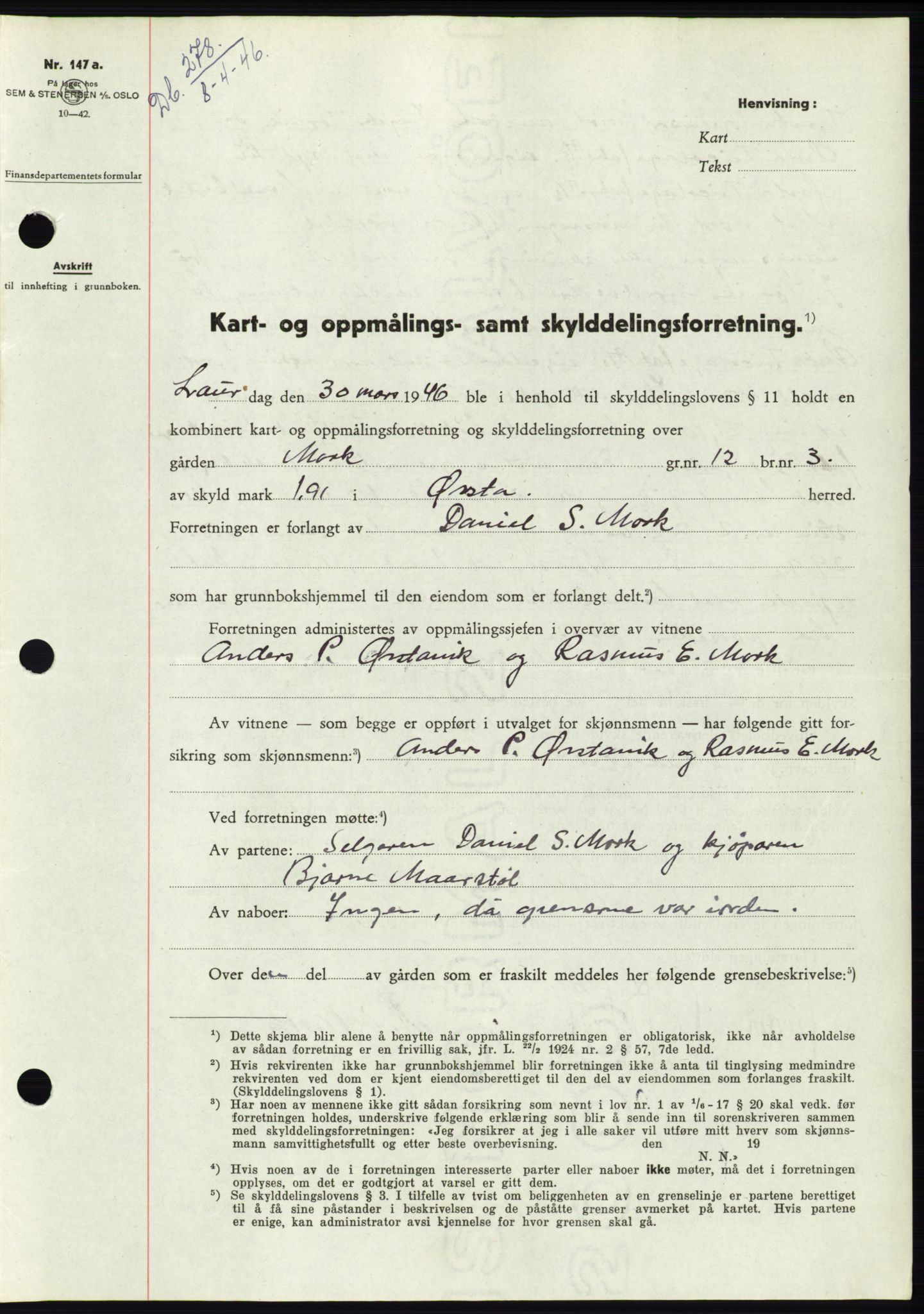 Søre Sunnmøre sorenskriveri, AV/SAT-A-4122/1/2/2C/L0078: Mortgage book no. 4A, 1946-1946, Diary no: : 278/1946