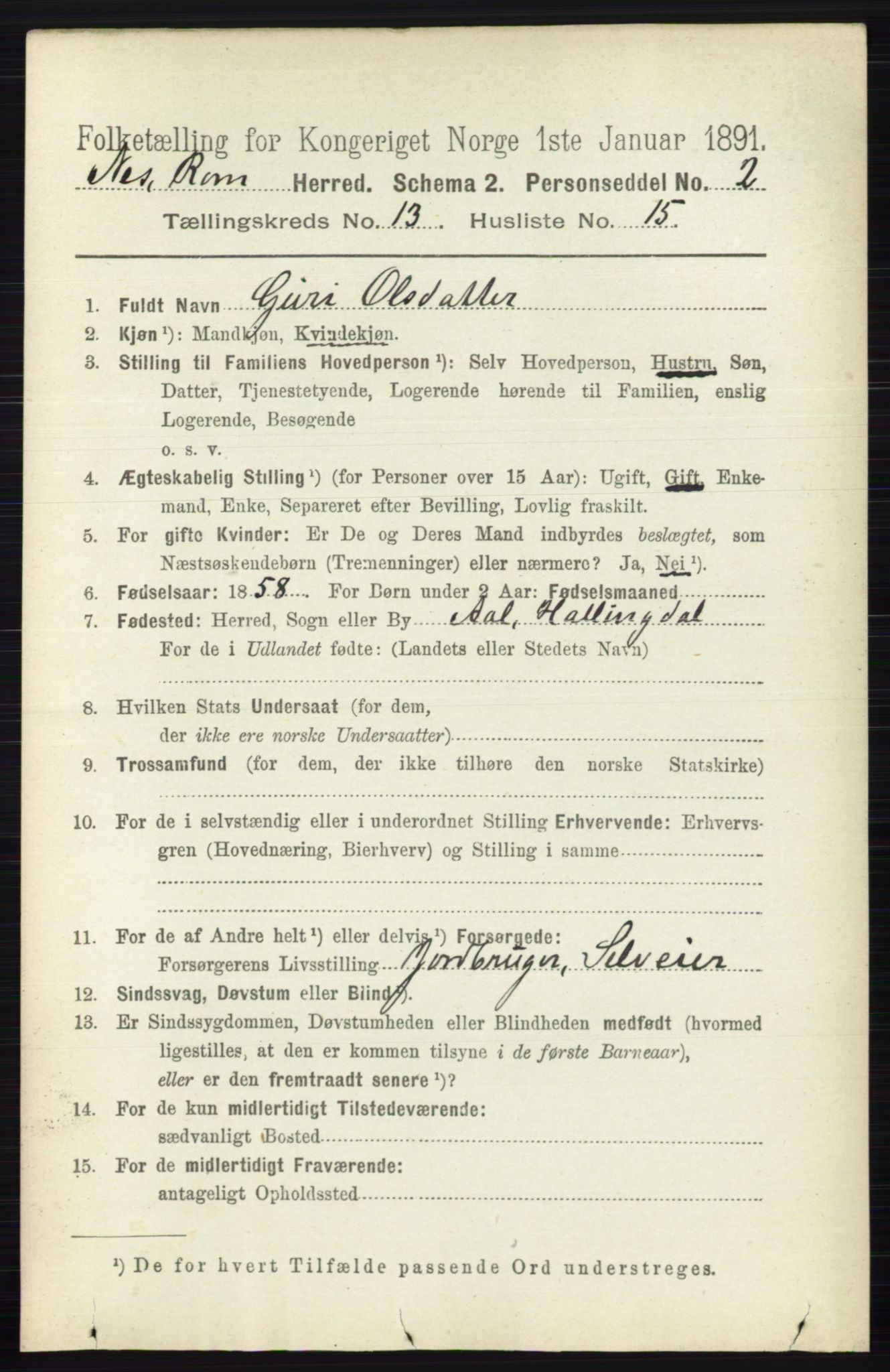 RA, 1891 census for 0236 Nes, 1891, p. 7931