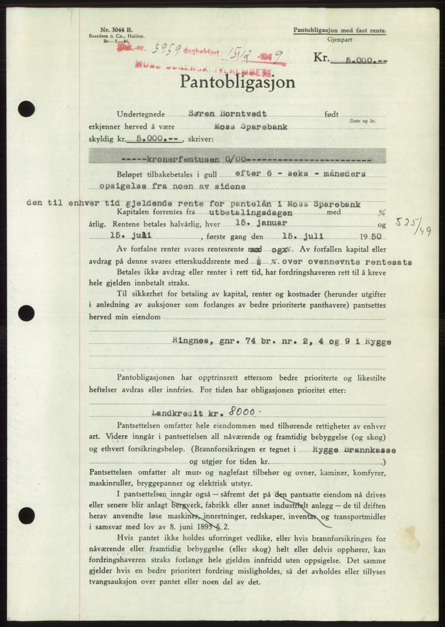 Moss sorenskriveri, SAO/A-10168: Mortgage book no. B23, 1949-1950, Diary no: : 3959/1949