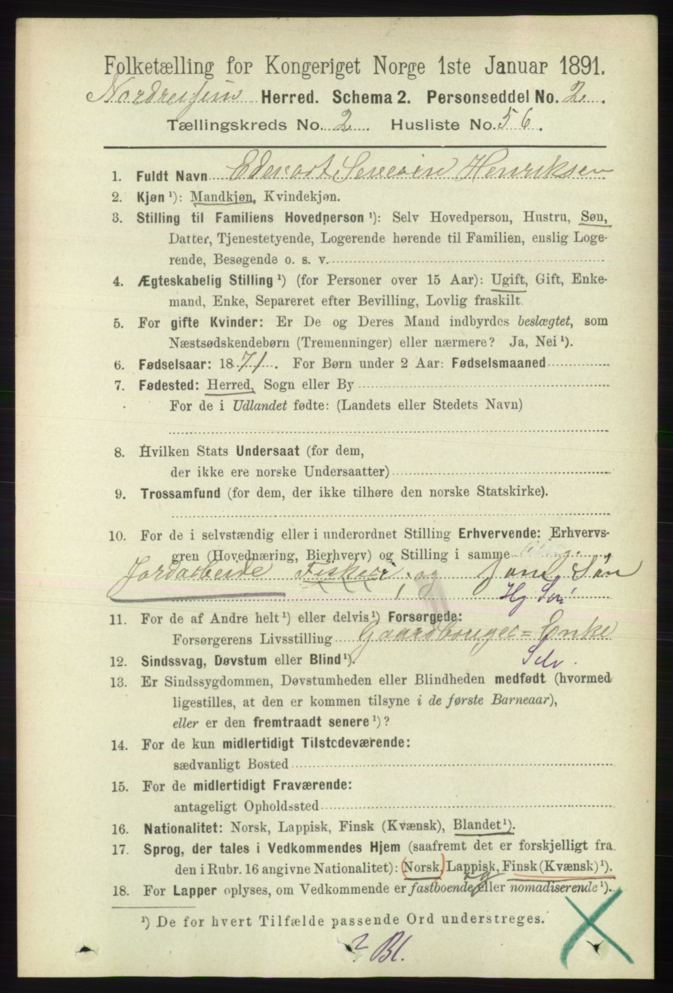 RA, 1891 census for 1942 Nordreisa, 1891, p. 1192