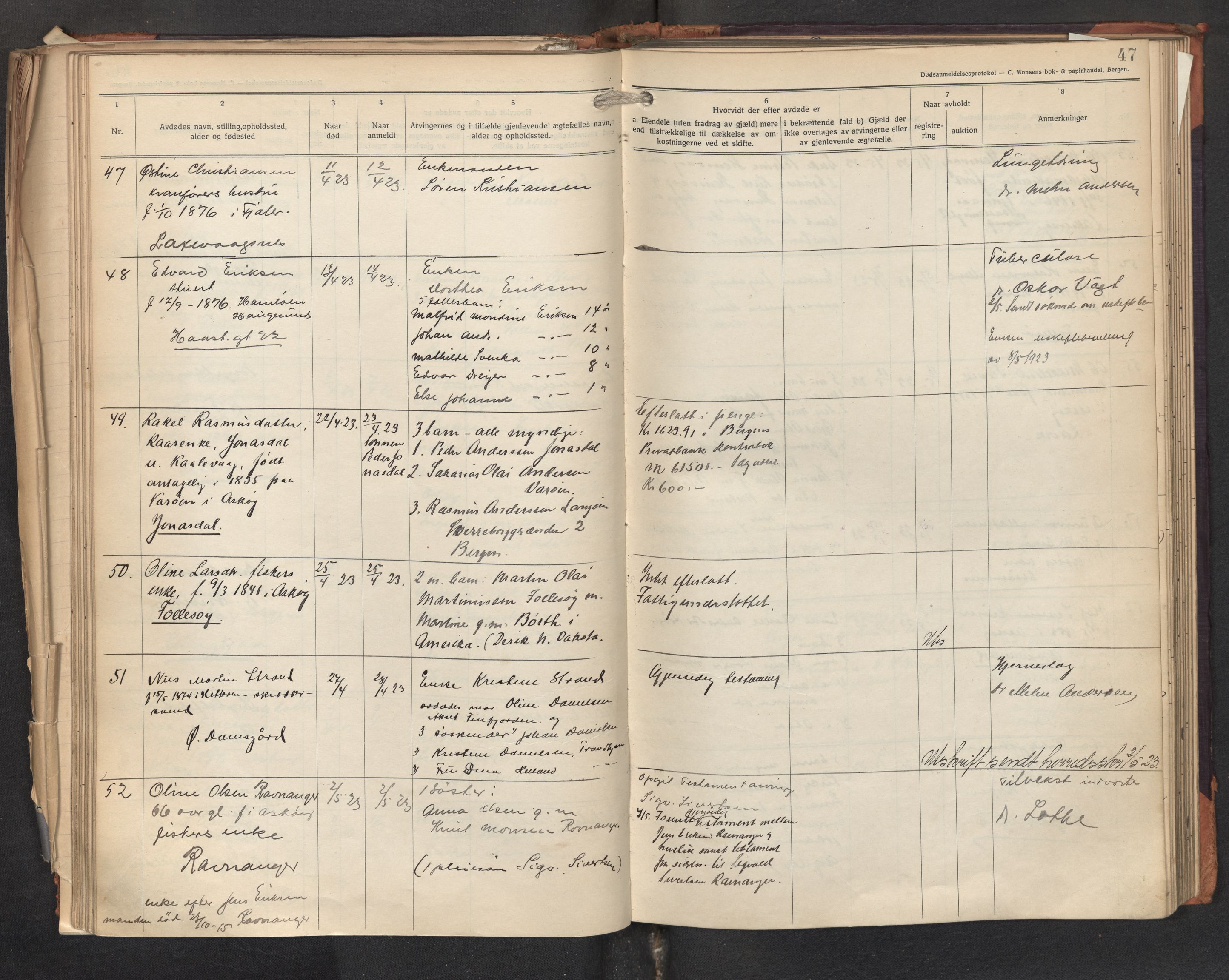 Lensmannen i Askøy, AV/SAB-A-31001/0006/L0002: Dødsfallprotokoll med register , 1921-1928, p. 47