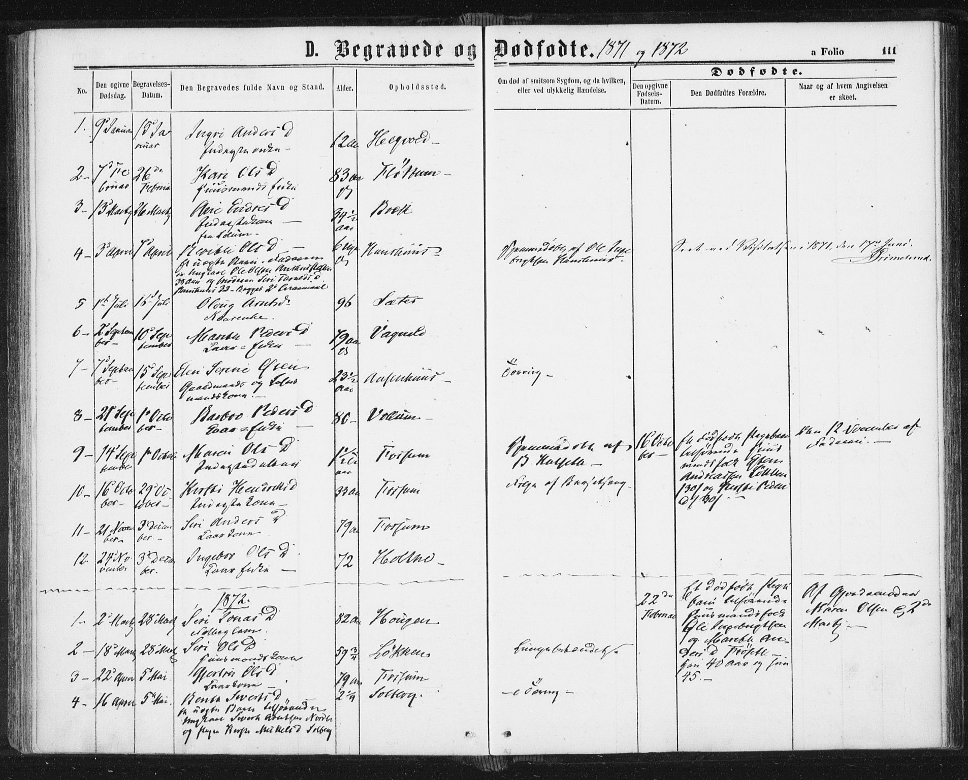 Ministerialprotokoller, klokkerbøker og fødselsregistre - Sør-Trøndelag, SAT/A-1456/689/L1039: Parish register (official) no. 689A04, 1865-1878, p. 111