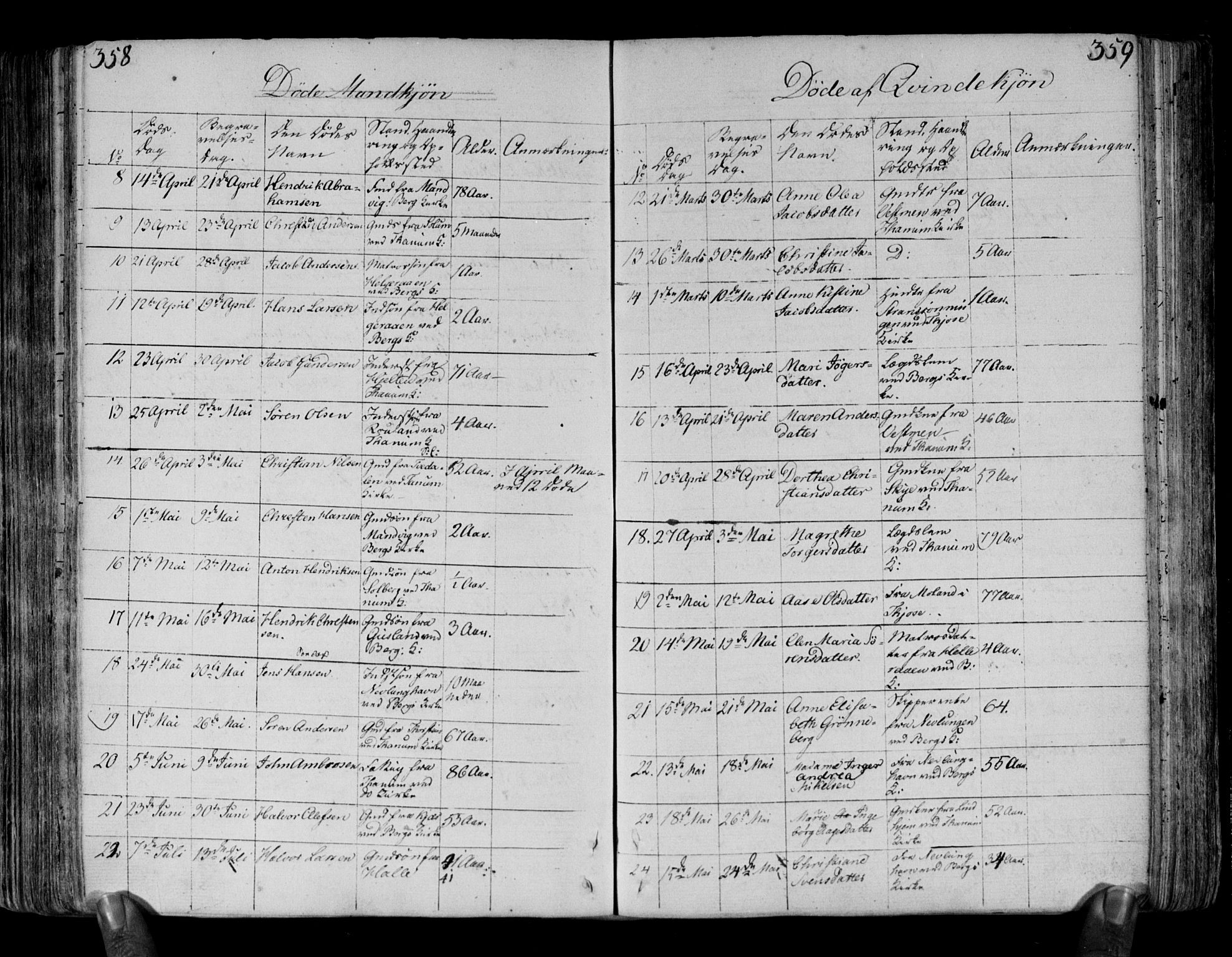 Brunlanes kirkebøker, AV/SAKO-A-342/F/Fa/L0002: Parish register (official) no. I 2, 1802-1834, p. 358-359