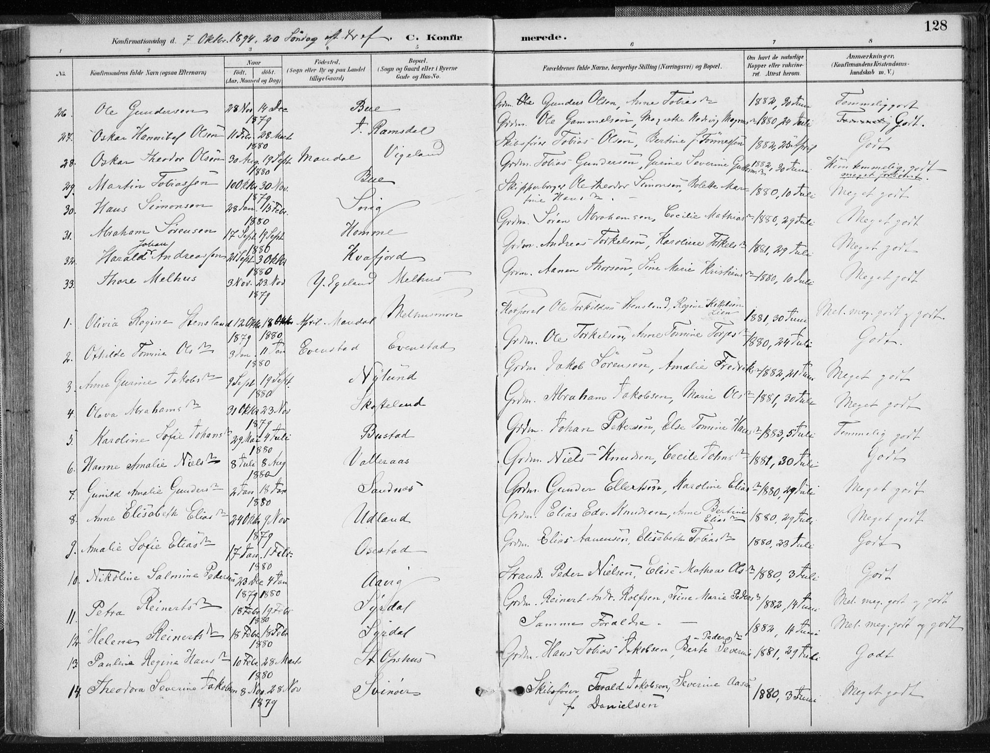 Sør-Audnedal sokneprestkontor, SAK/1111-0039/F/Fa/Fab/L0010: Parish register (official) no. A 10, 1892-1913, p. 128