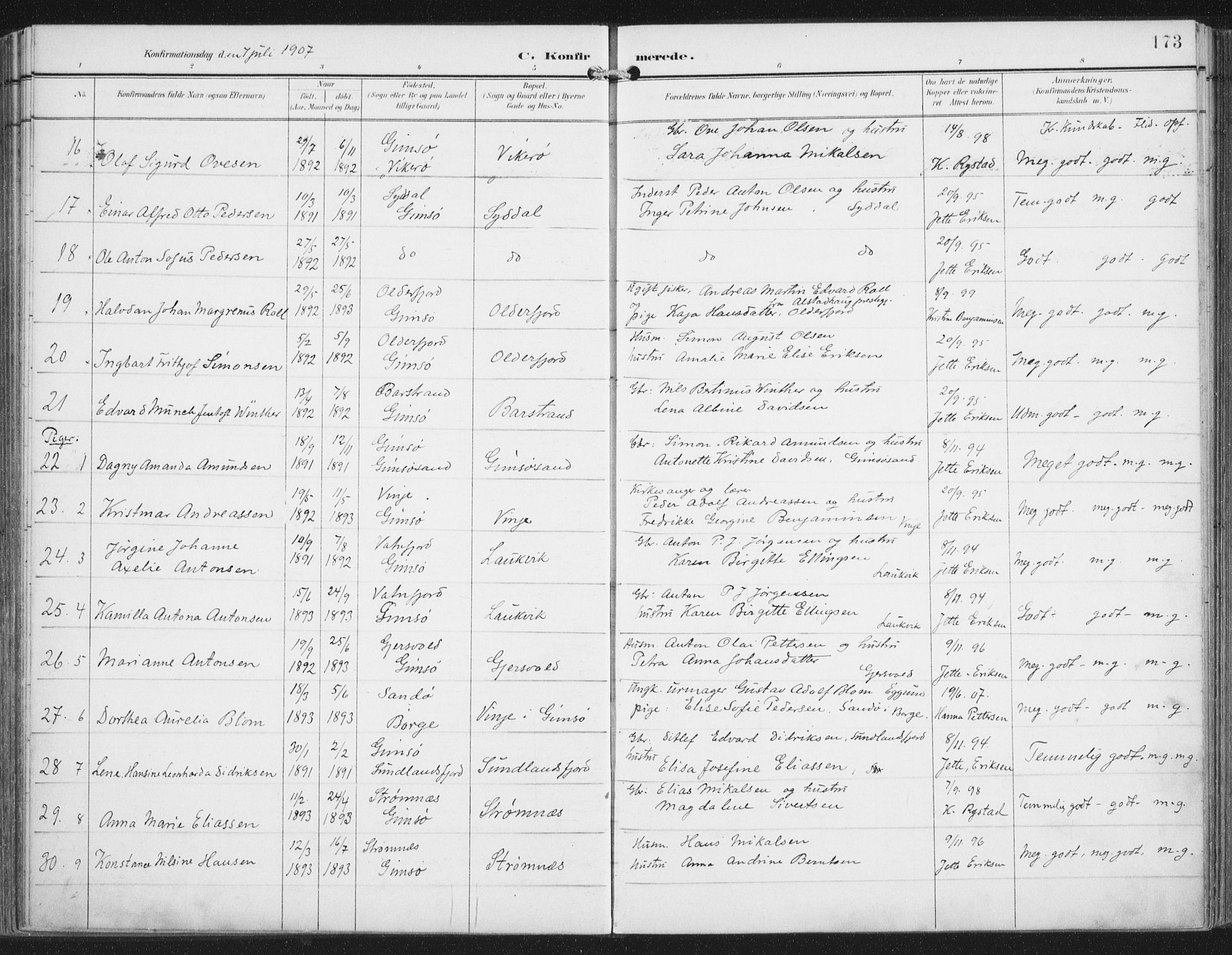 Ministerialprotokoller, klokkerbøker og fødselsregistre - Nordland, SAT/A-1459/876/L1098: Parish register (official) no. 876A04, 1896-1915, p. 173