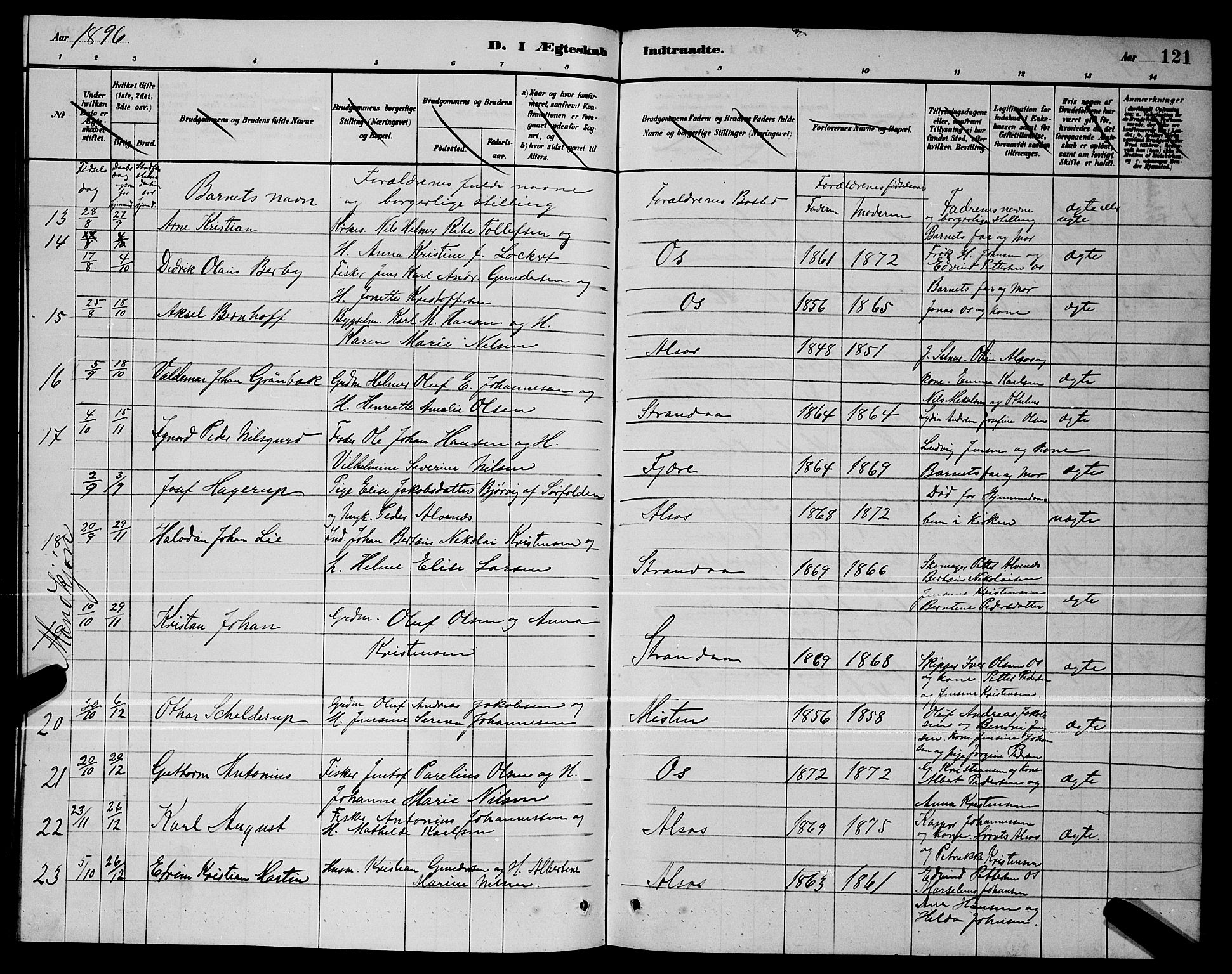 Ministerialprotokoller, klokkerbøker og fødselsregistre - Nordland, AV/SAT-A-1459/803/L0076: Parish register (copy) no. 803C03, 1882-1897, p. 121