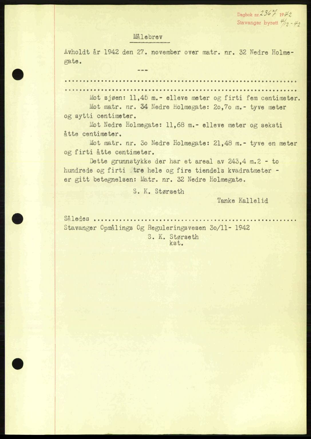 Stavanger byrett, SAST/A-100455/002/G/Gb/L0017: Mortgage book no. A7, 1941-1943, Diary no: : 2367/1942