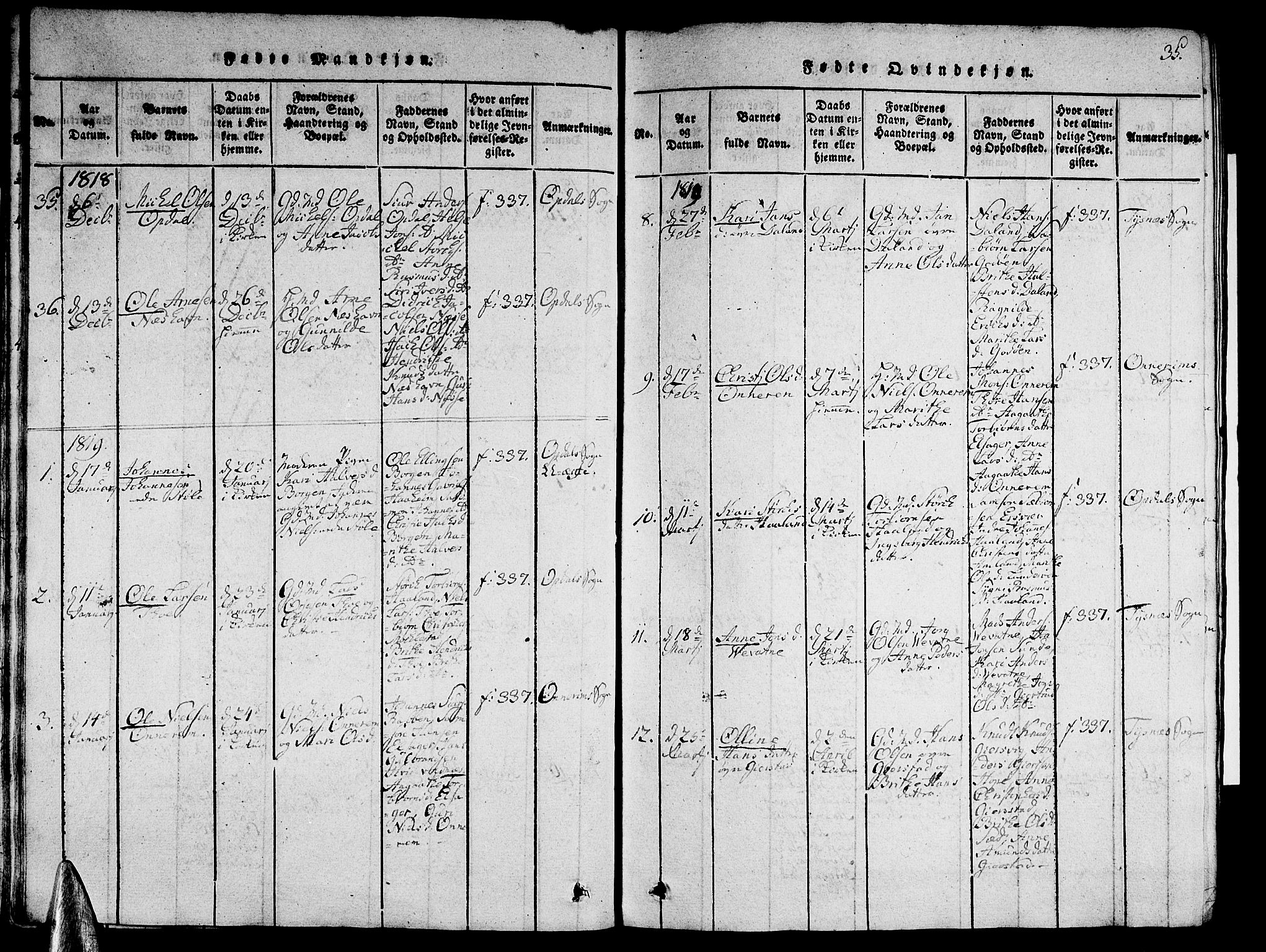 Tysnes sokneprestembete, SAB/A-78601/H/Hab: Parish register (copy) no. A 1, 1816-1828, p. 35