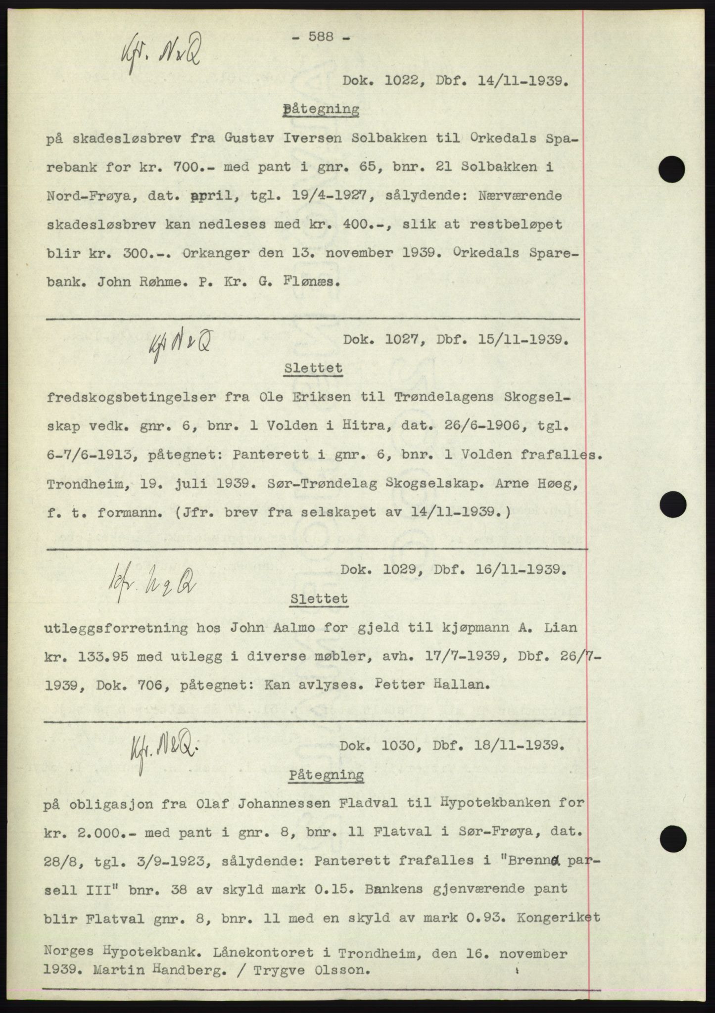 Hitra sorenskriveri, AV/SAT-A-0018/2/2C/2Ca: Mortgage book no. C1, 1936-1945, Diary no: : 1022/1939