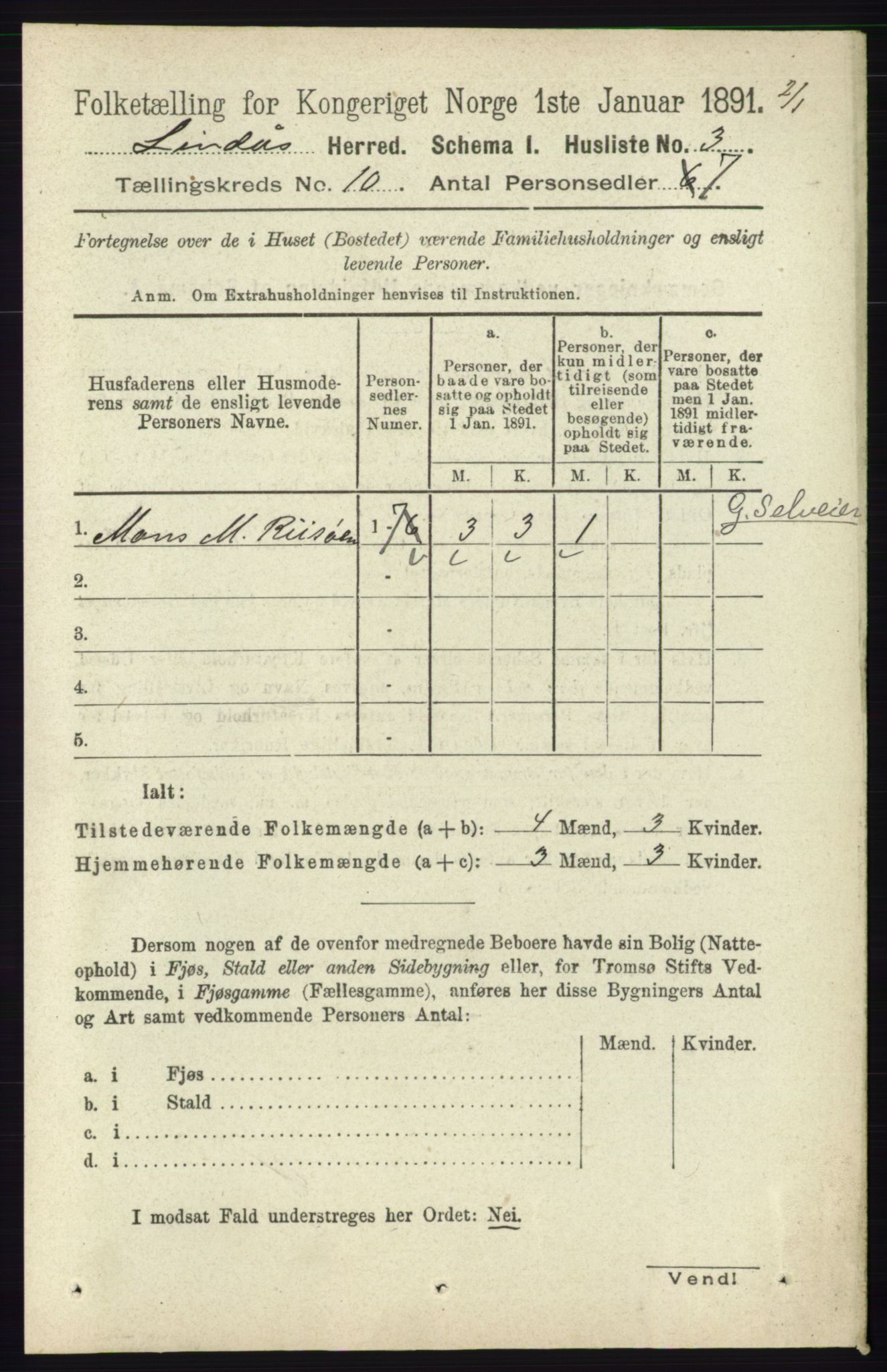 RA, 1891 census for 1263 Lindås, 1891, p. 3377