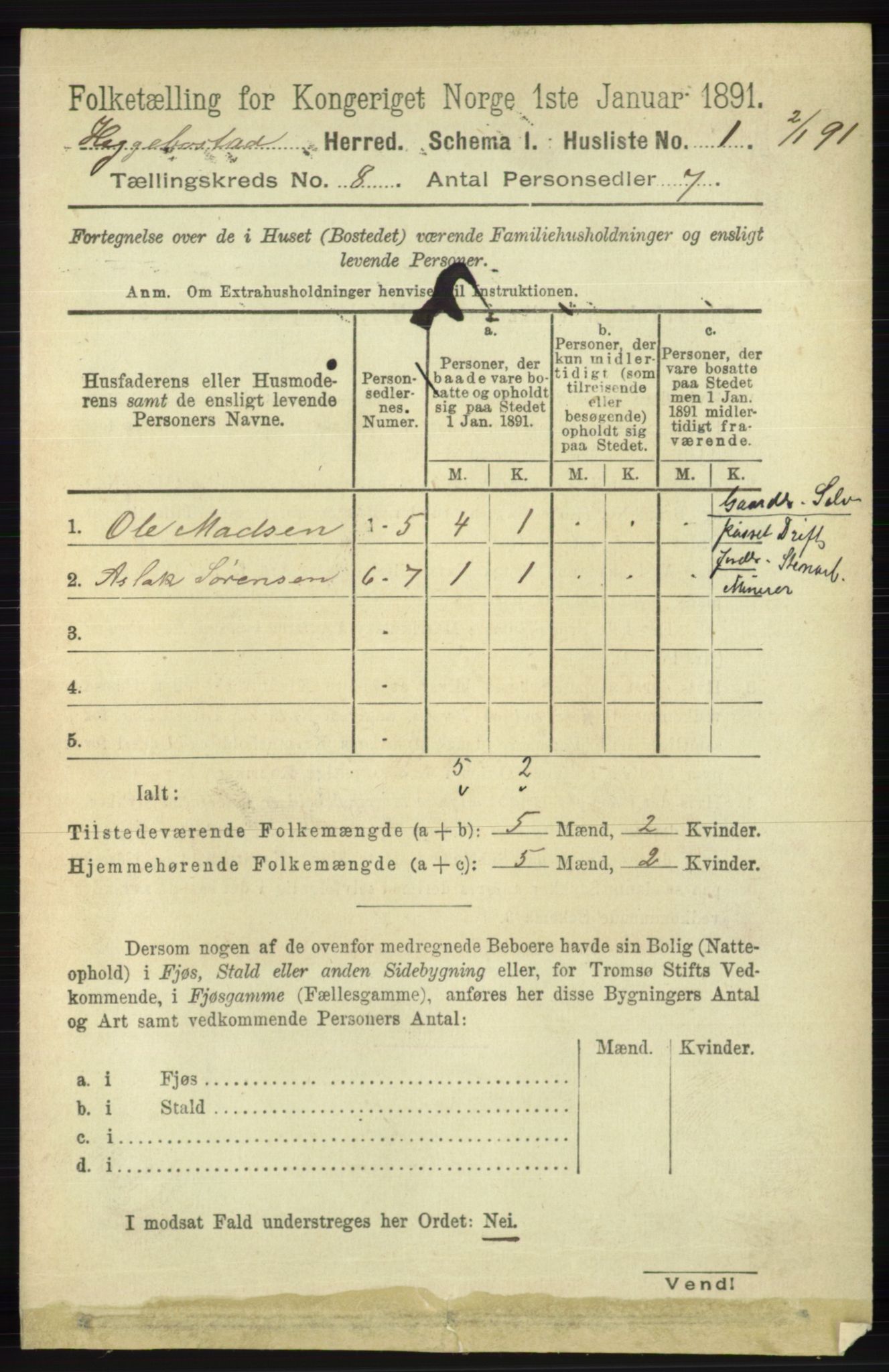 RA, 1891 census for 1034 Hægebostad, 1891, p. 2420