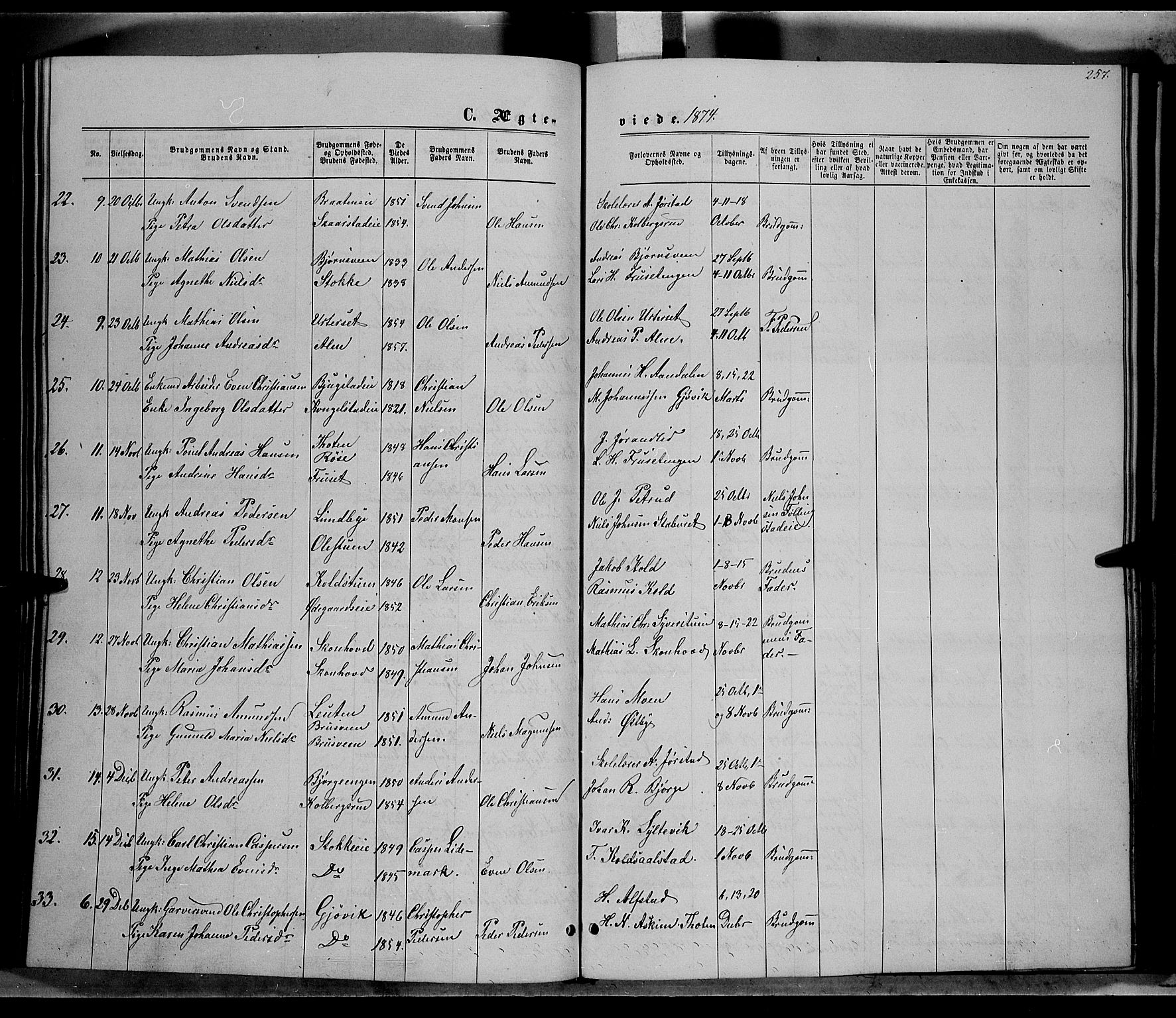 Vardal prestekontor, AV/SAH-PREST-100/H/Ha/Hab/L0006: Parish register (copy) no. 6, 1869-1881, p. 257