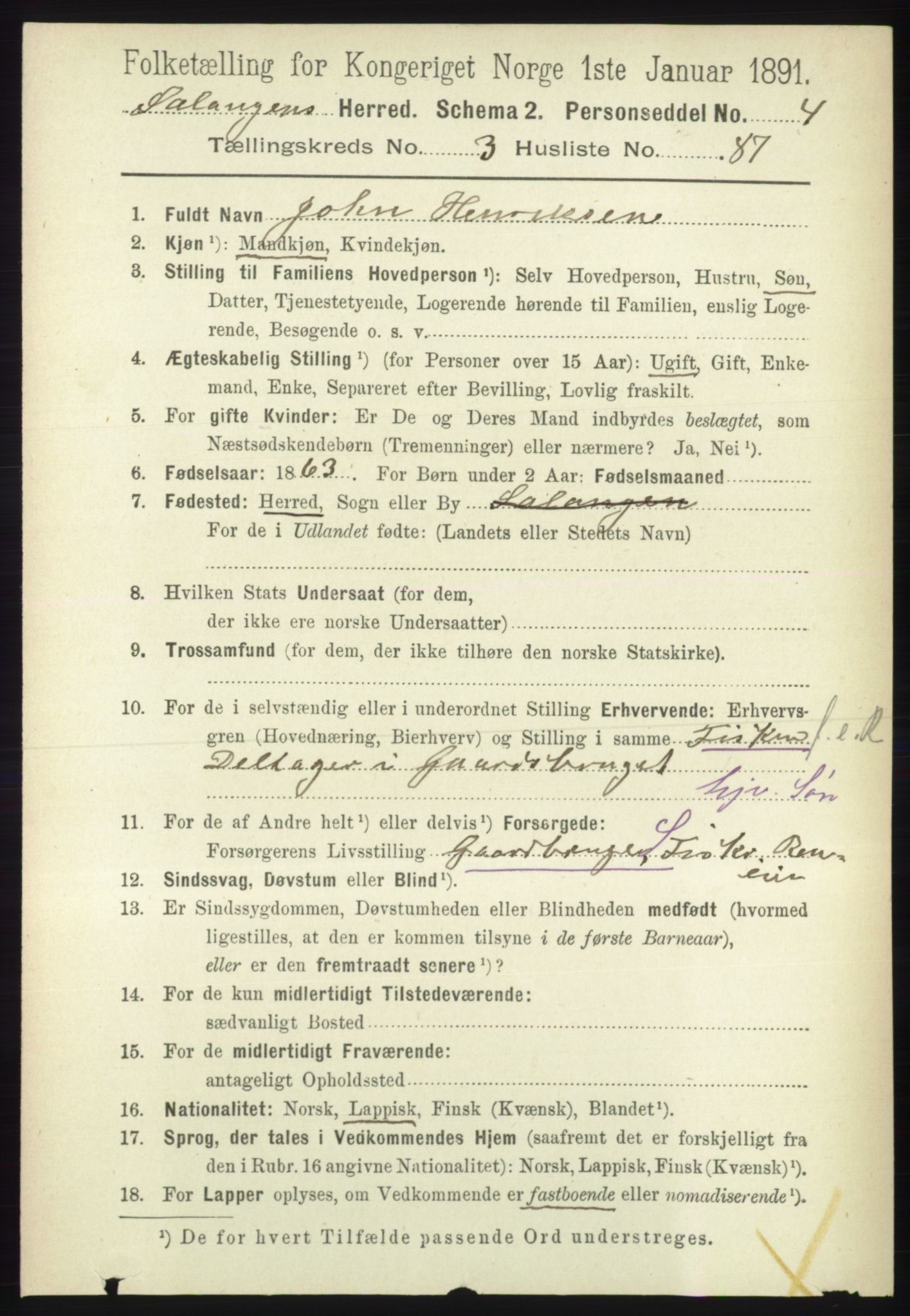 RA, 1891 census for 1921 Salangen, 1891, p. 1723