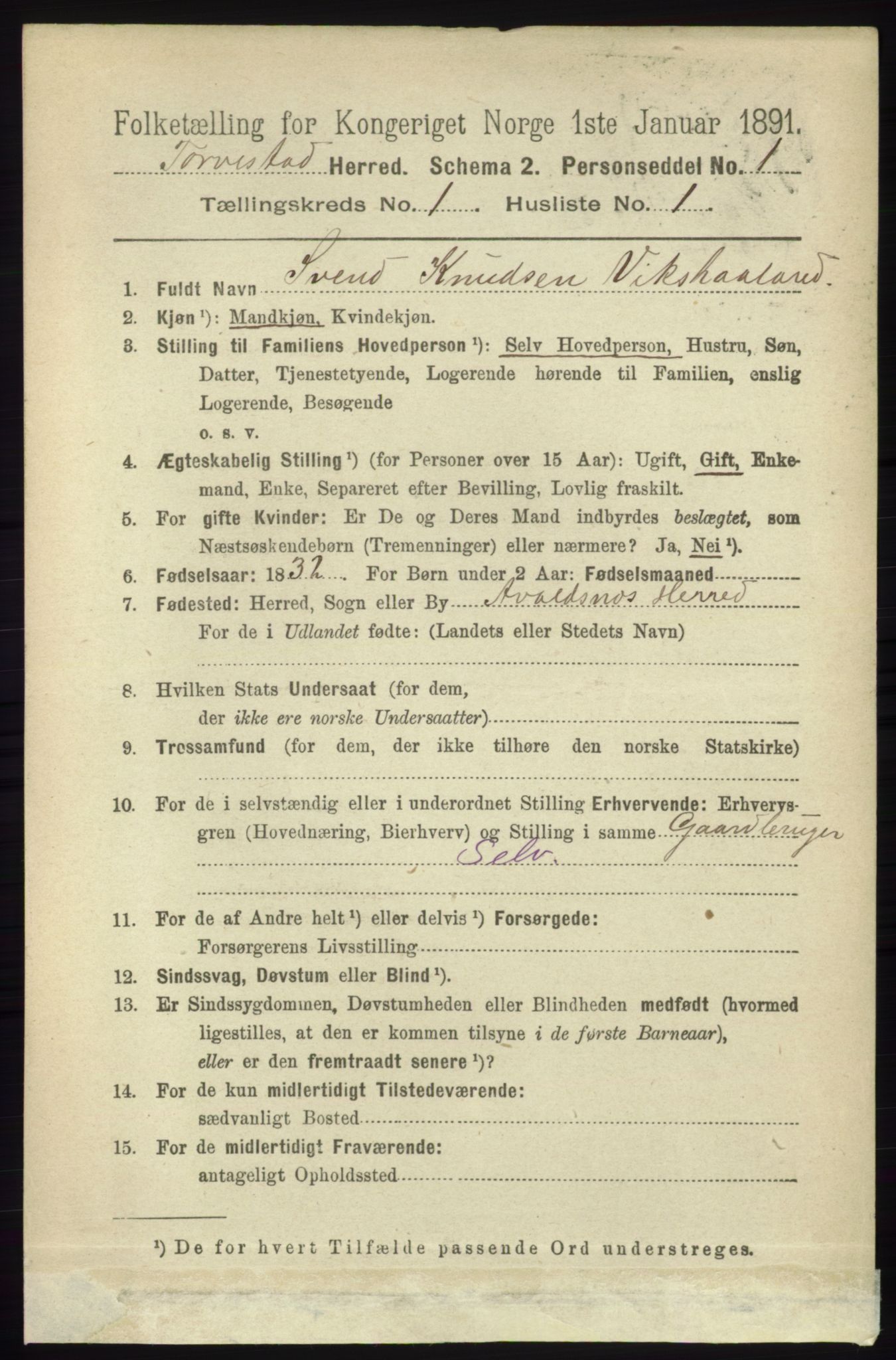 RA, 1891 census for 1152 Torvastad, 1891, p. 86