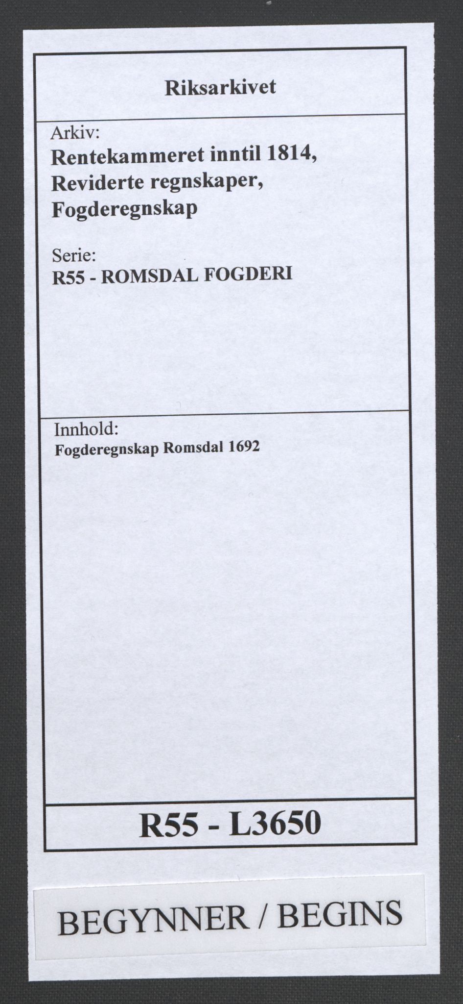 Rentekammeret inntil 1814, Reviderte regnskaper, Fogderegnskap, AV/RA-EA-4092/R55/L3650: Fogderegnskap Romsdal, 1692, p. 1