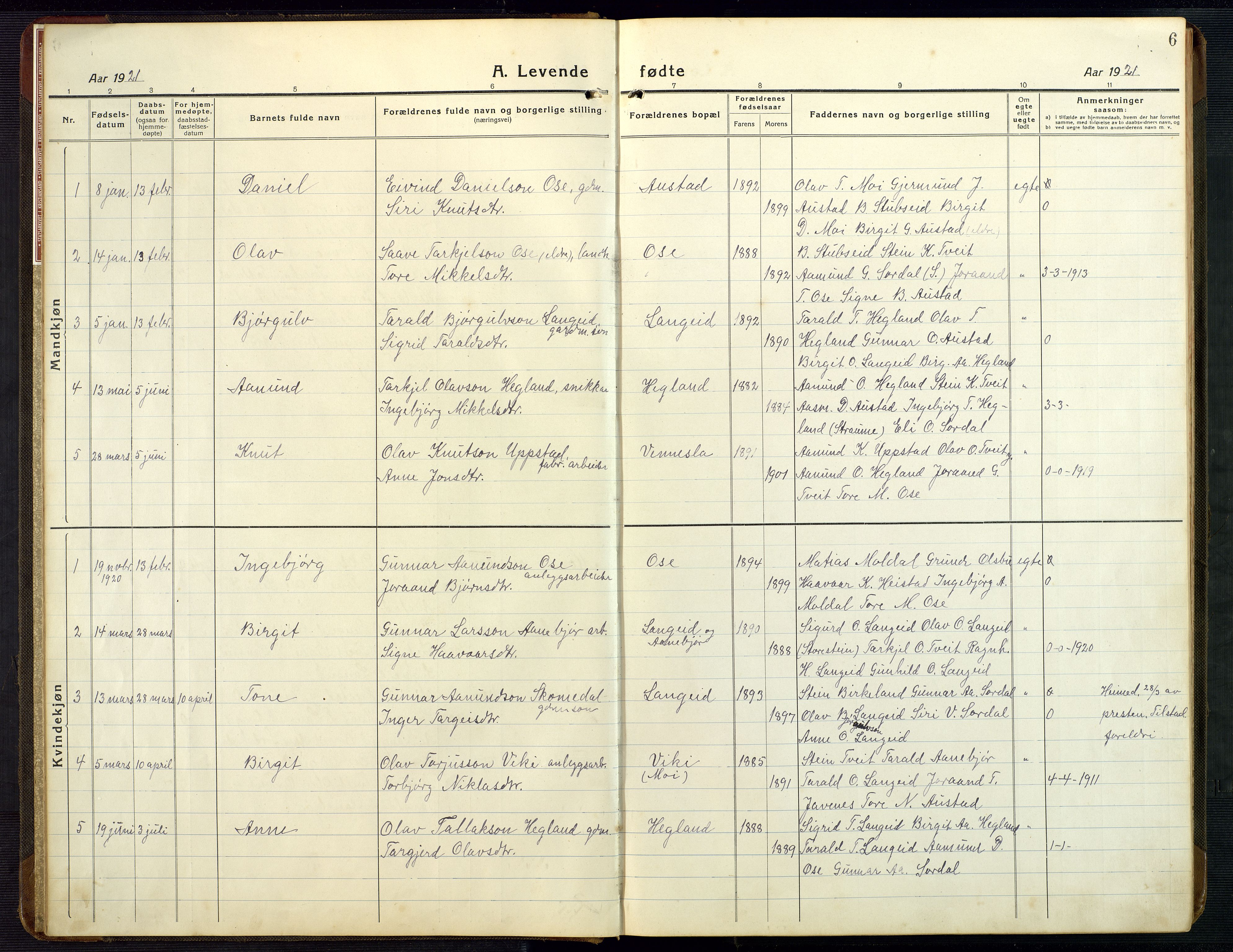 Bygland sokneprestkontor, AV/SAK-1111-0006/F/Fb/Fba/L0003: Parish register (copy) no. B 3, 1920-1974, p. 6