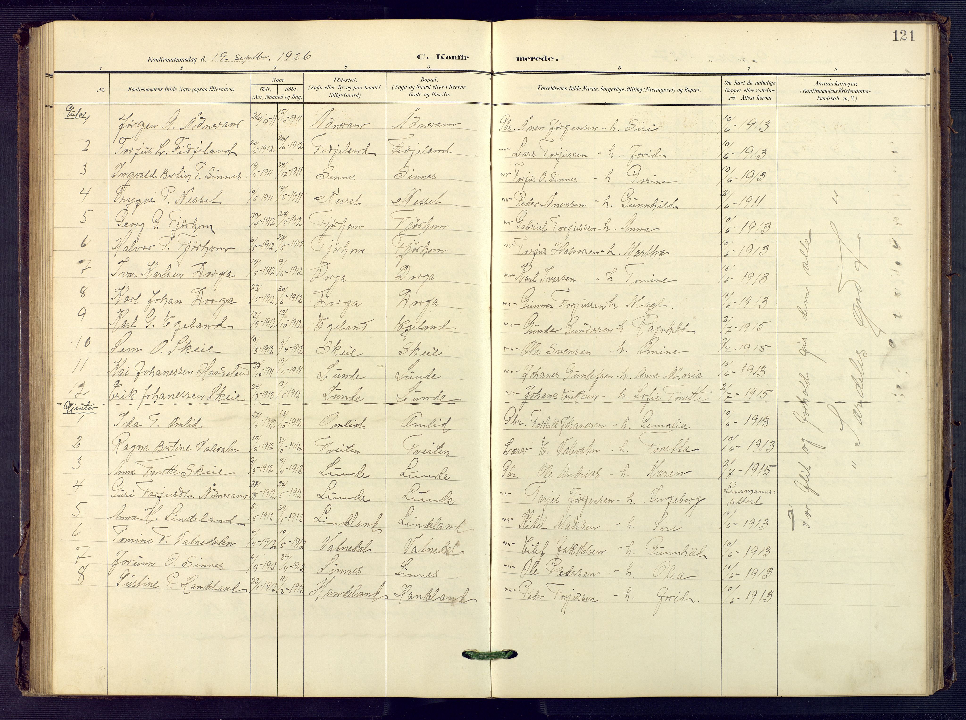 Sirdal sokneprestkontor, SAK/1111-0036/F/Fb/Fba/L0002: Parish register (copy) no. B 2, 1905-1958, p. 121