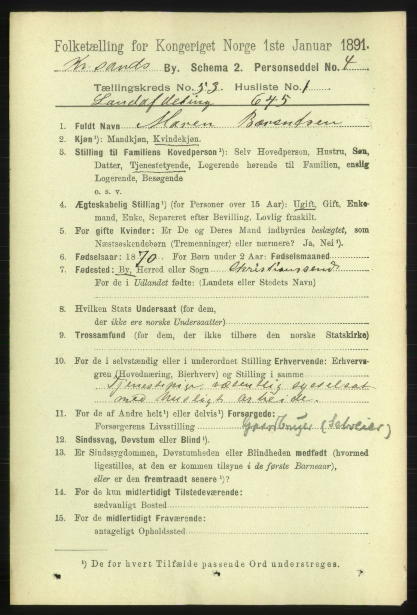 RA, 1891 census for 1001 Kristiansand, 1891, p. 15255