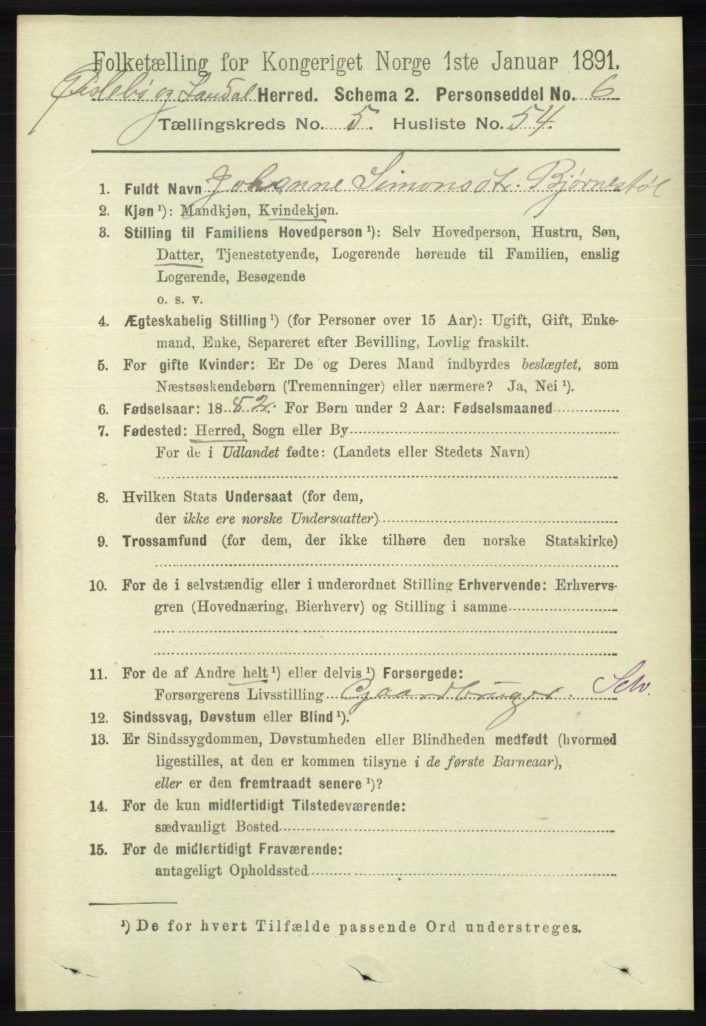 RA, 1891 census for 1021 Øyslebø og Laudal, 1891, p. 1629