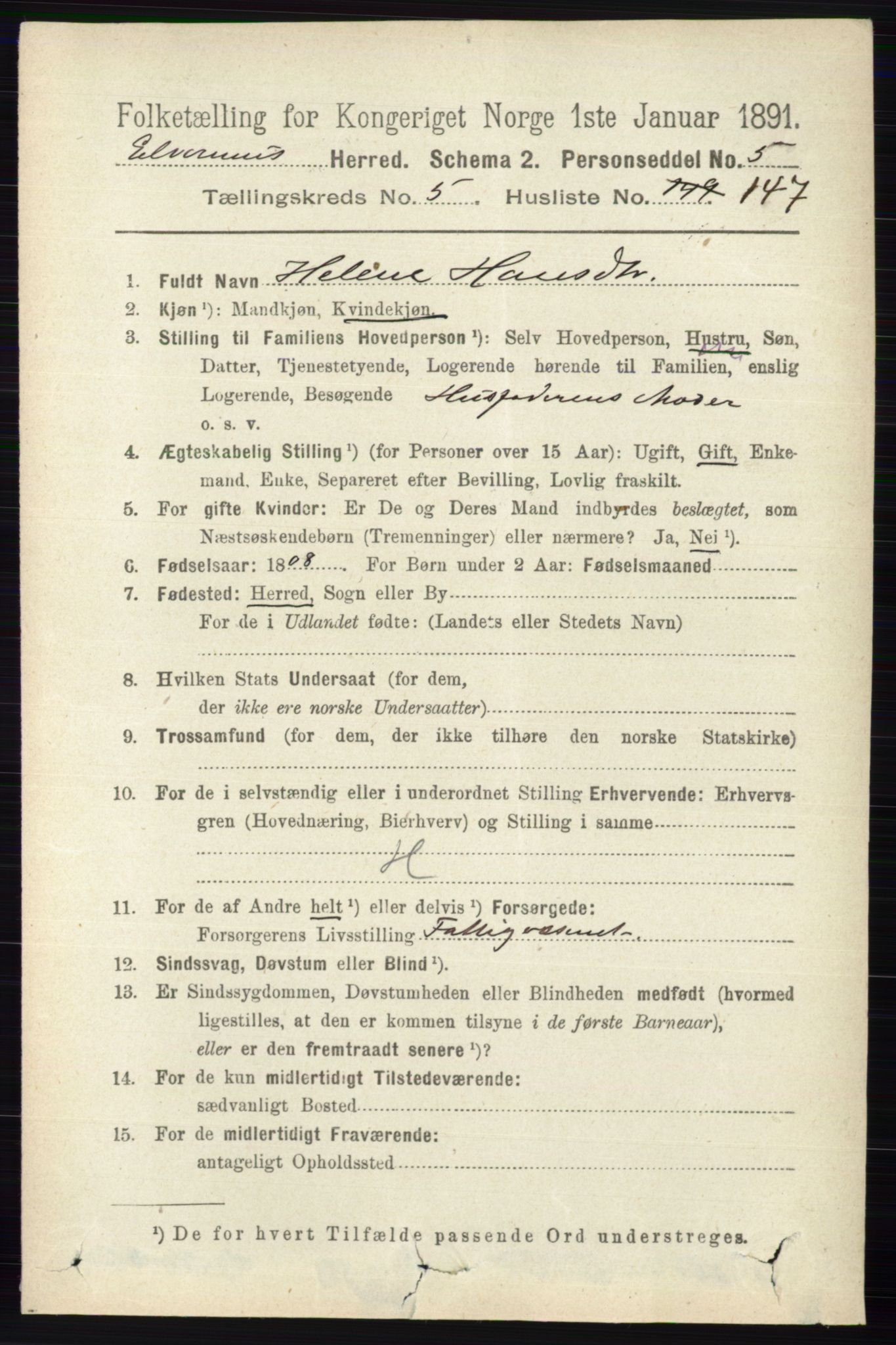 RA, 1891 census for 0427 Elverum, 1891, p. 4152