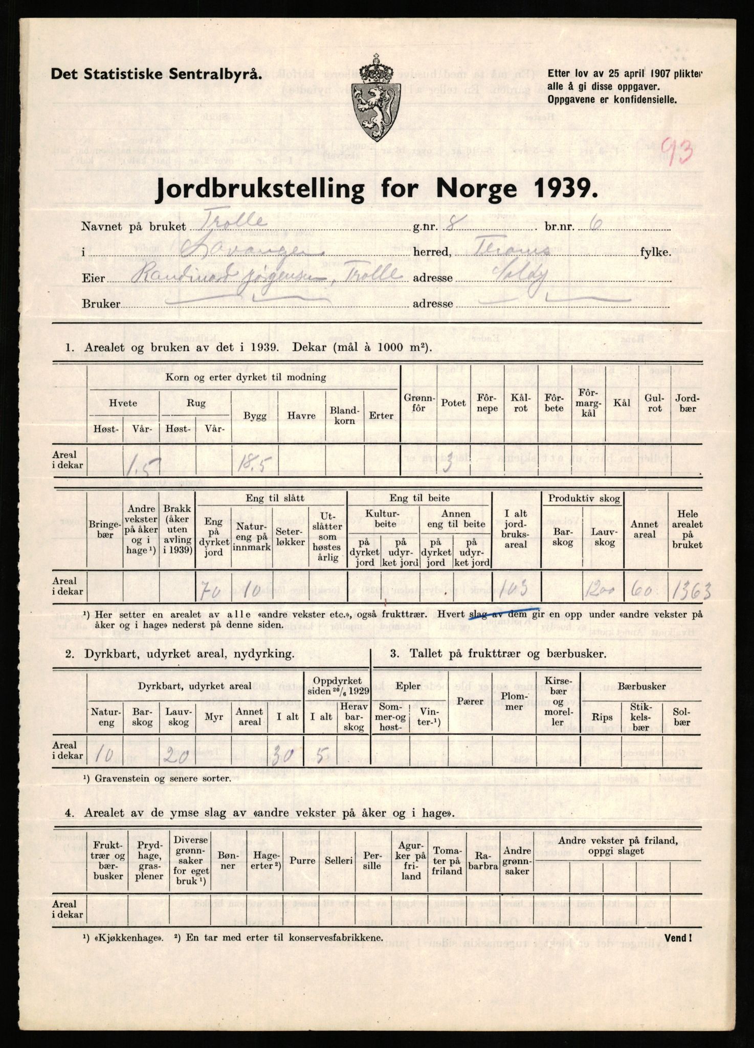 Statistisk sentralbyrå, Næringsøkonomiske emner, Jordbruk, skogbruk, jakt, fiske og fangst, AV/RA-S-2234/G/Gb/L0339: Troms: Andørja, Astafjord og Lavangen, 1939, p. 1420