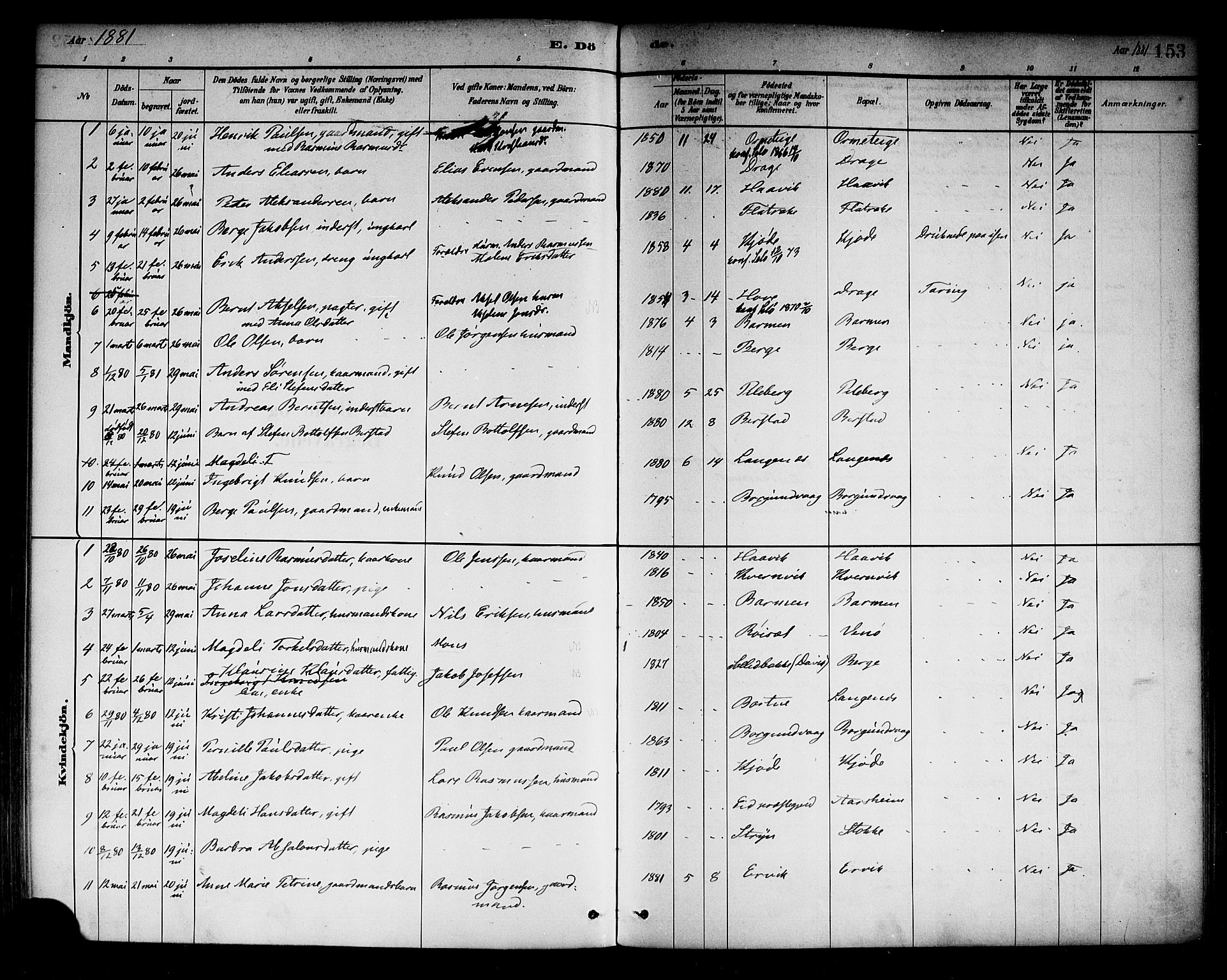 Selje sokneprestembete, SAB/A-99938/H/Ha/Haa/Haab: Parish register (official) no. B 1, 1881-1890, p. 153