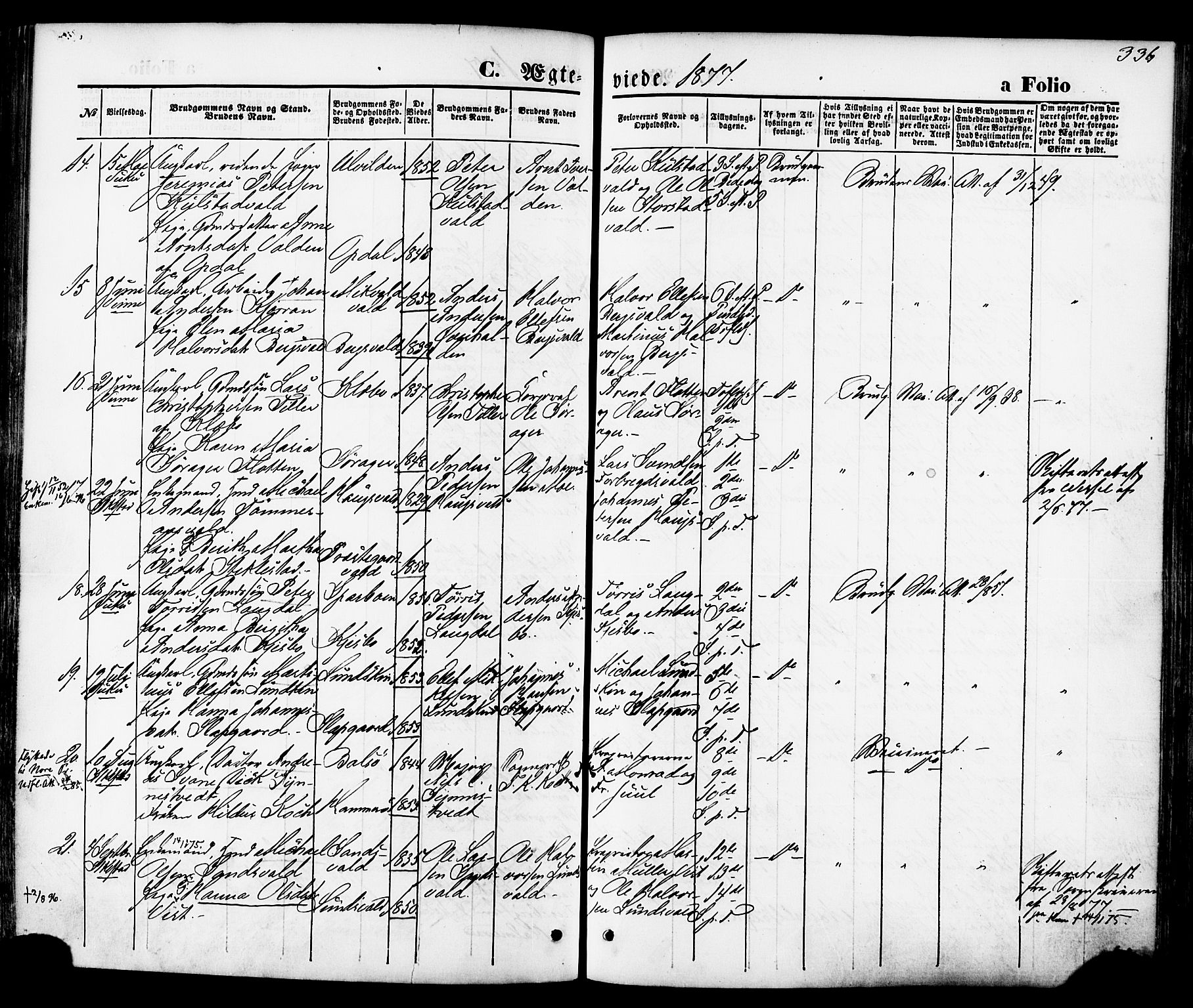 Ministerialprotokoller, klokkerbøker og fødselsregistre - Nord-Trøndelag, SAT/A-1458/723/L0242: Parish register (official) no. 723A11, 1870-1880, p. 336