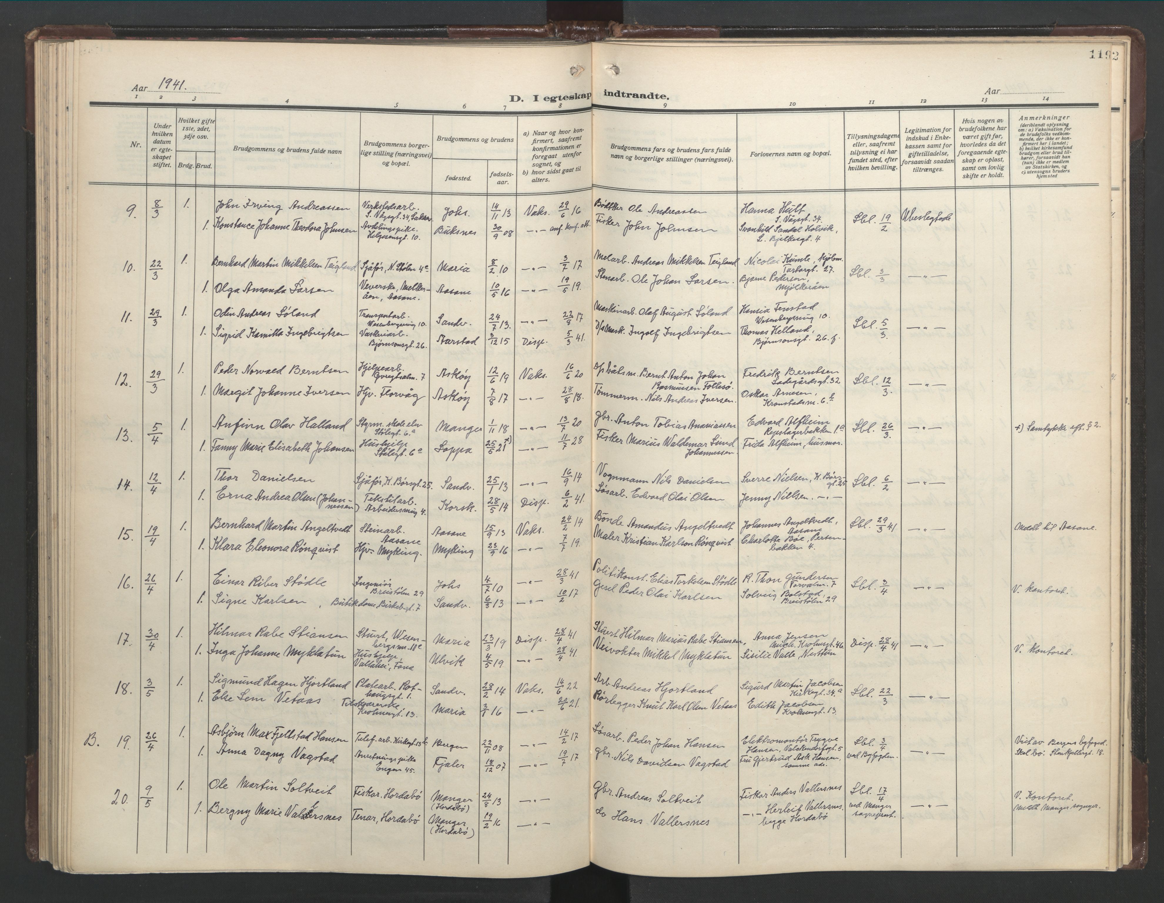 Mariakirken Sokneprestembete, SAB/A-76901/H/Hab/L0011: Parish register (copy) no. A 11, 1938-1955, p. 118b-119a