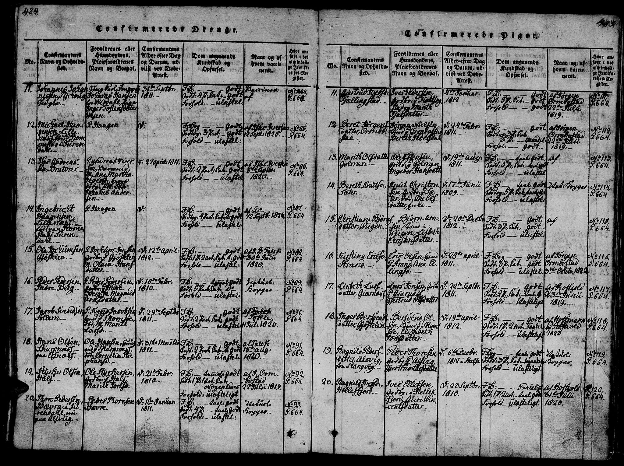 Ministerialprotokoller, klokkerbøker og fødselsregistre - Møre og Romsdal, AV/SAT-A-1454/581/L0933: Parish register (official) no. 581A03 /1, 1819-1836, p. 484-485