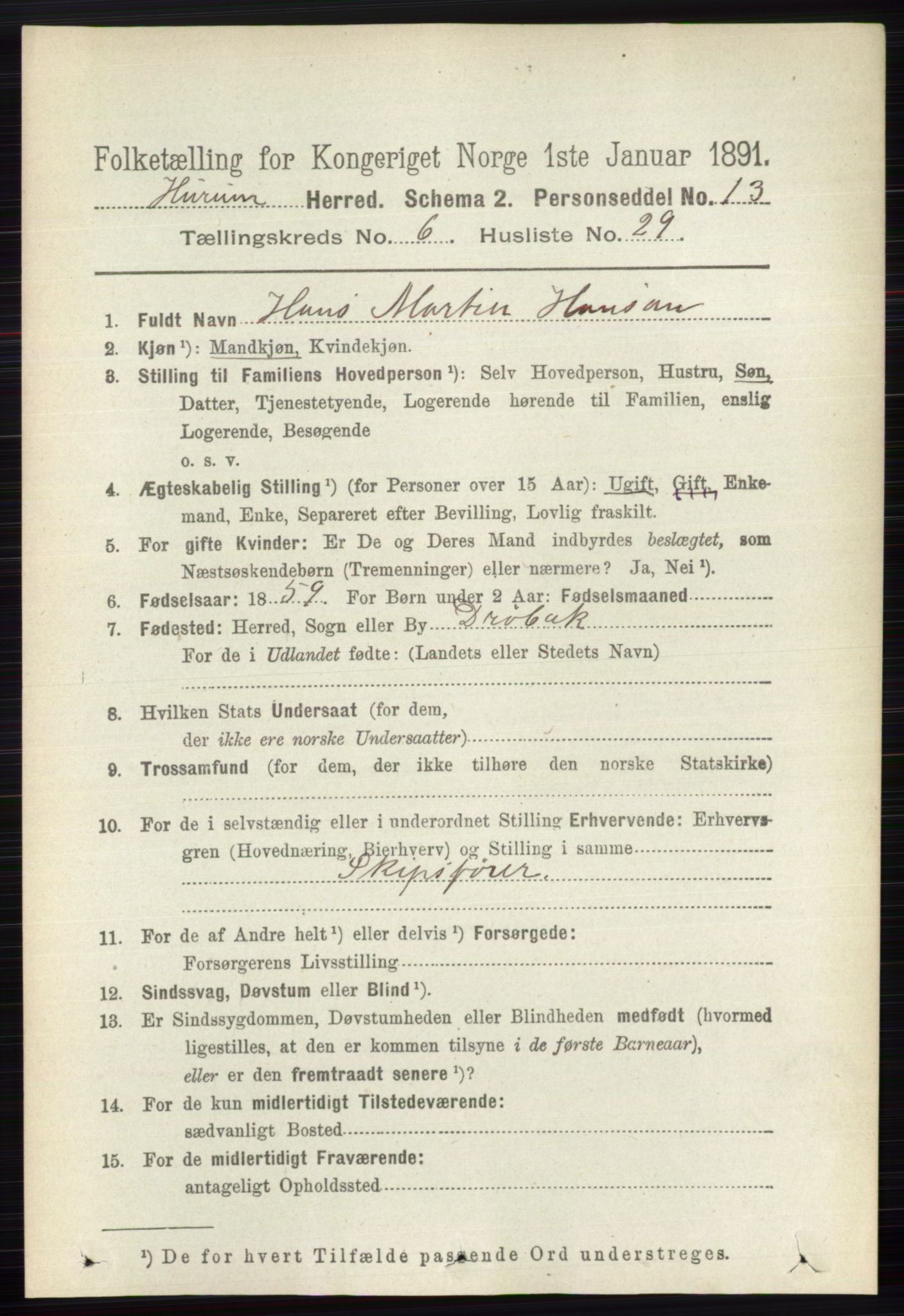 RA, 1891 census for 0628 Hurum, 1891, p. 2156