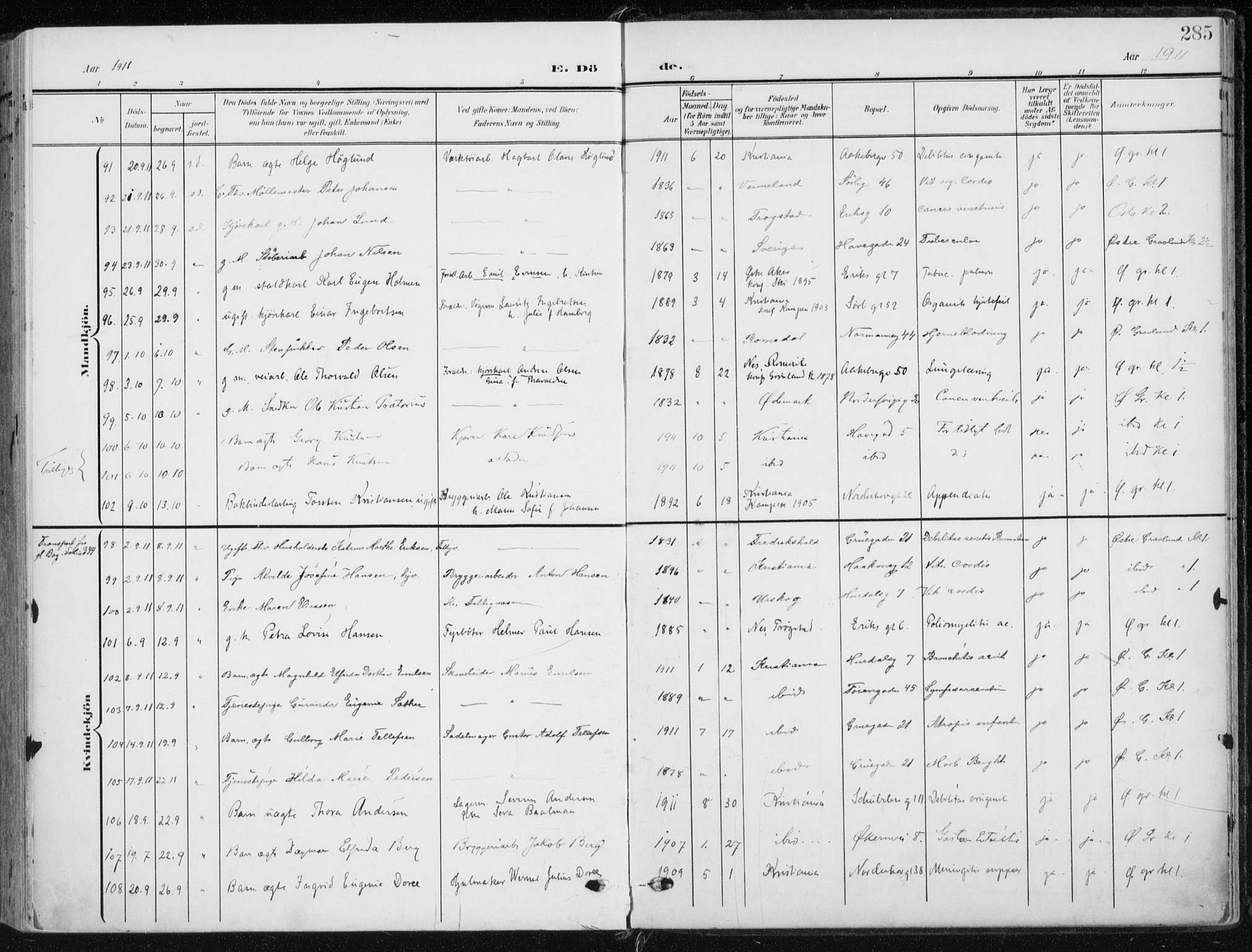 Kampen prestekontor Kirkebøker, AV/SAO-A-10853/F/Fa/L0011: Parish register (official) no. I 11, 1907-1917, p. 285